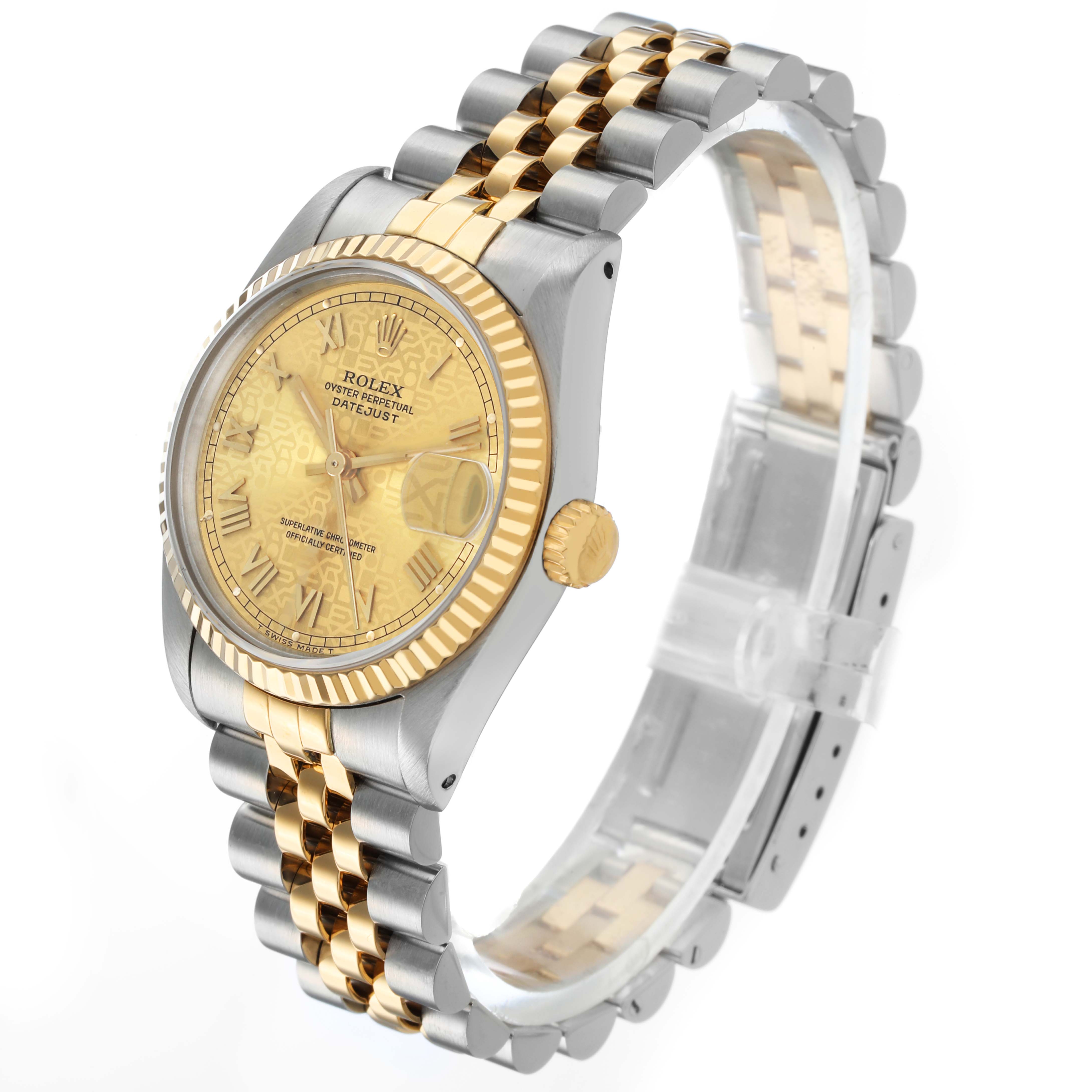 The Rolex Mid-Size 68273 Women's Steel and Gold (two tone) Champagne Dial watch is shown at an angled side view, displaying its dial, bezel, and two-tone bracelet.