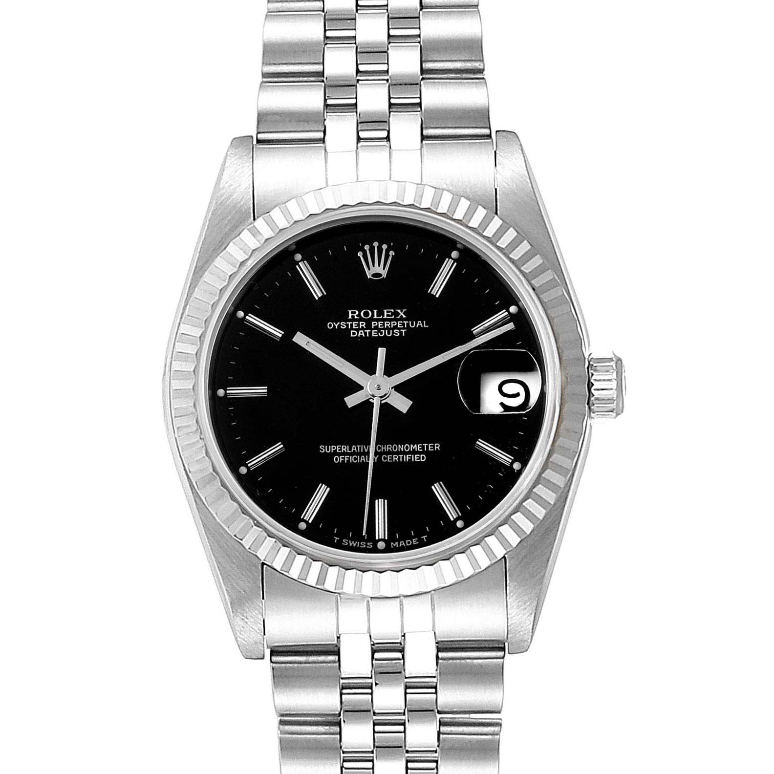 The Rolex Datejust Mid-Size model is shown from a front angle, displaying the face, bezel, crown, and bracelet.