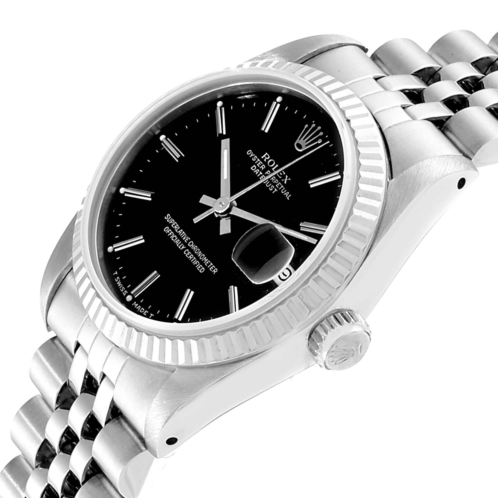 The image shows a Rolex Mid-Size 68274 Women
s Stainless Steel Black Dial 68274 Women
s Stainless Steel Black Dial Oyster Perpetual Datejust watch from an angled side view, featuring its black dial, bezel, case, and bracelet.