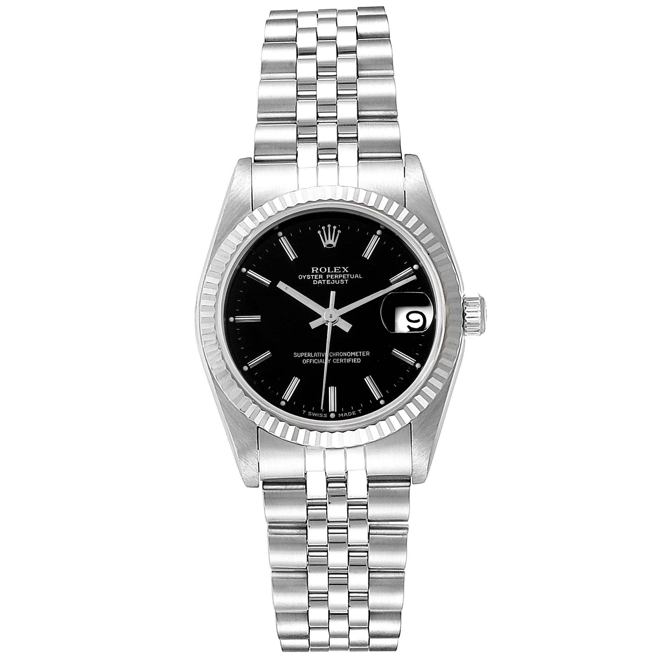 This image shows the front view of a Mid-Size Rolex Oyster Perpetual Datejust watch with a black dial and silver bracelet.