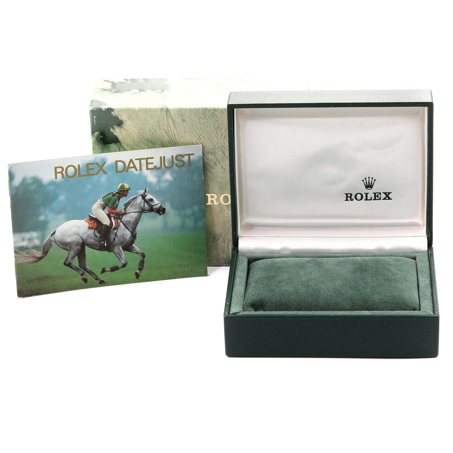The image shows an open Rolex Datejust mid-size watch box, a manual, and the outer box.