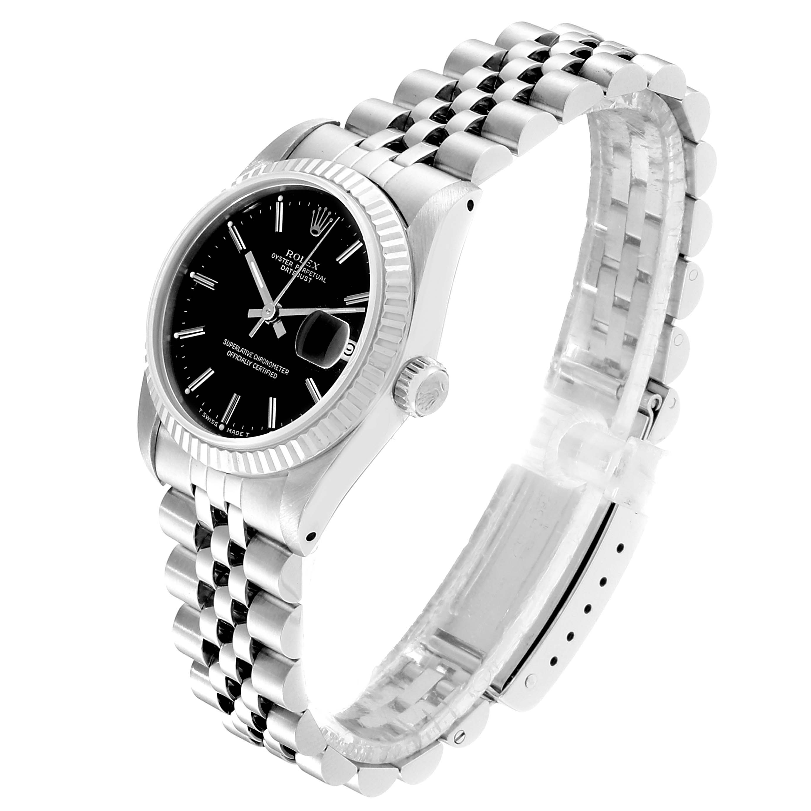 The image shows a side and front angle of a Rolex Mid-Size 68274 Women
s Stainless Steel Black Dial 68274 Women
s Stainless Steel Black Dial model, highlighting the black dial, bezel, crown, and jubilee bracelet.