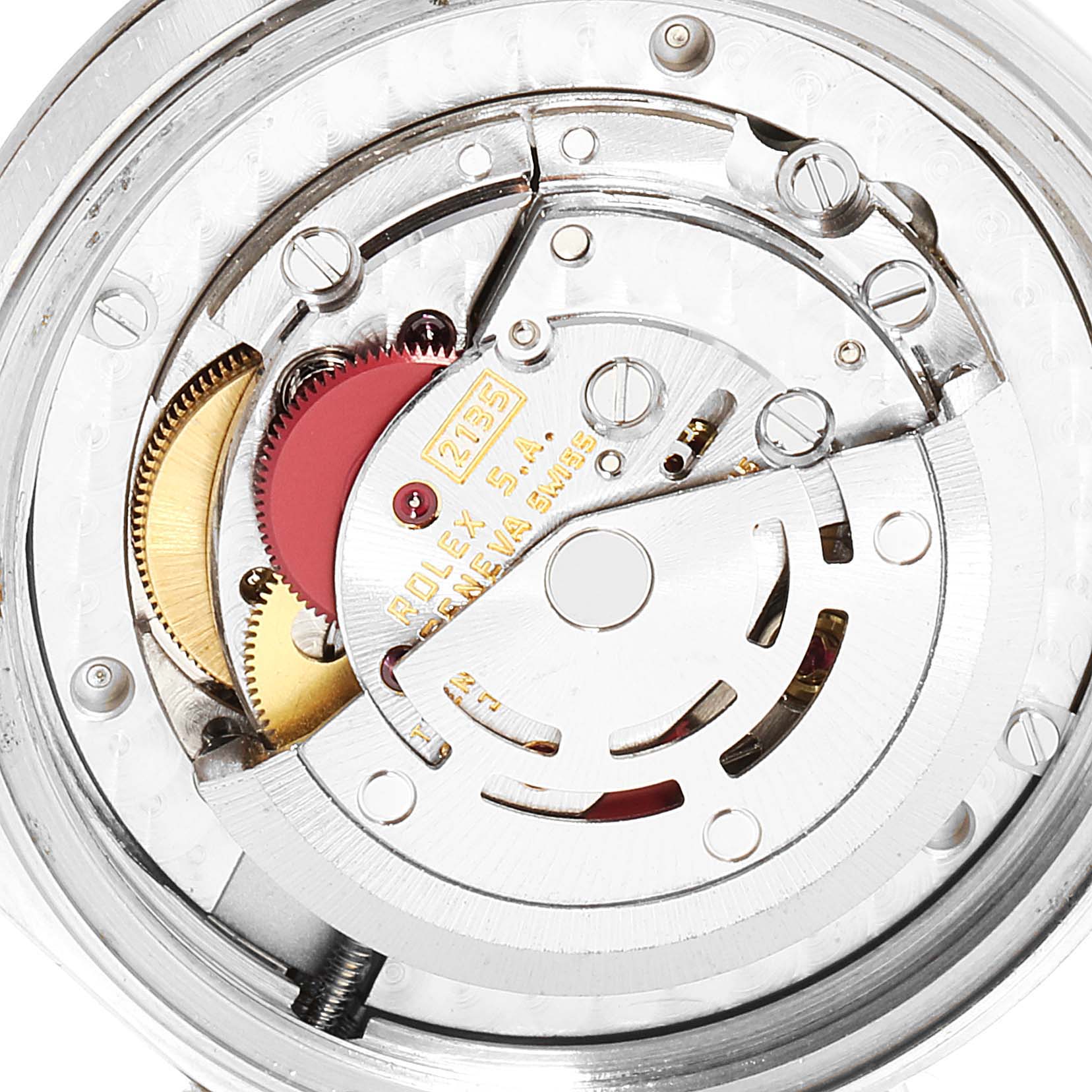 This image shows a close-up view of the movement assembly of a Rolex Mid-Size 68274 Women
s Stainless Steel Black Dial 68274 Women
s Stainless Steel Black Dial watch model.
