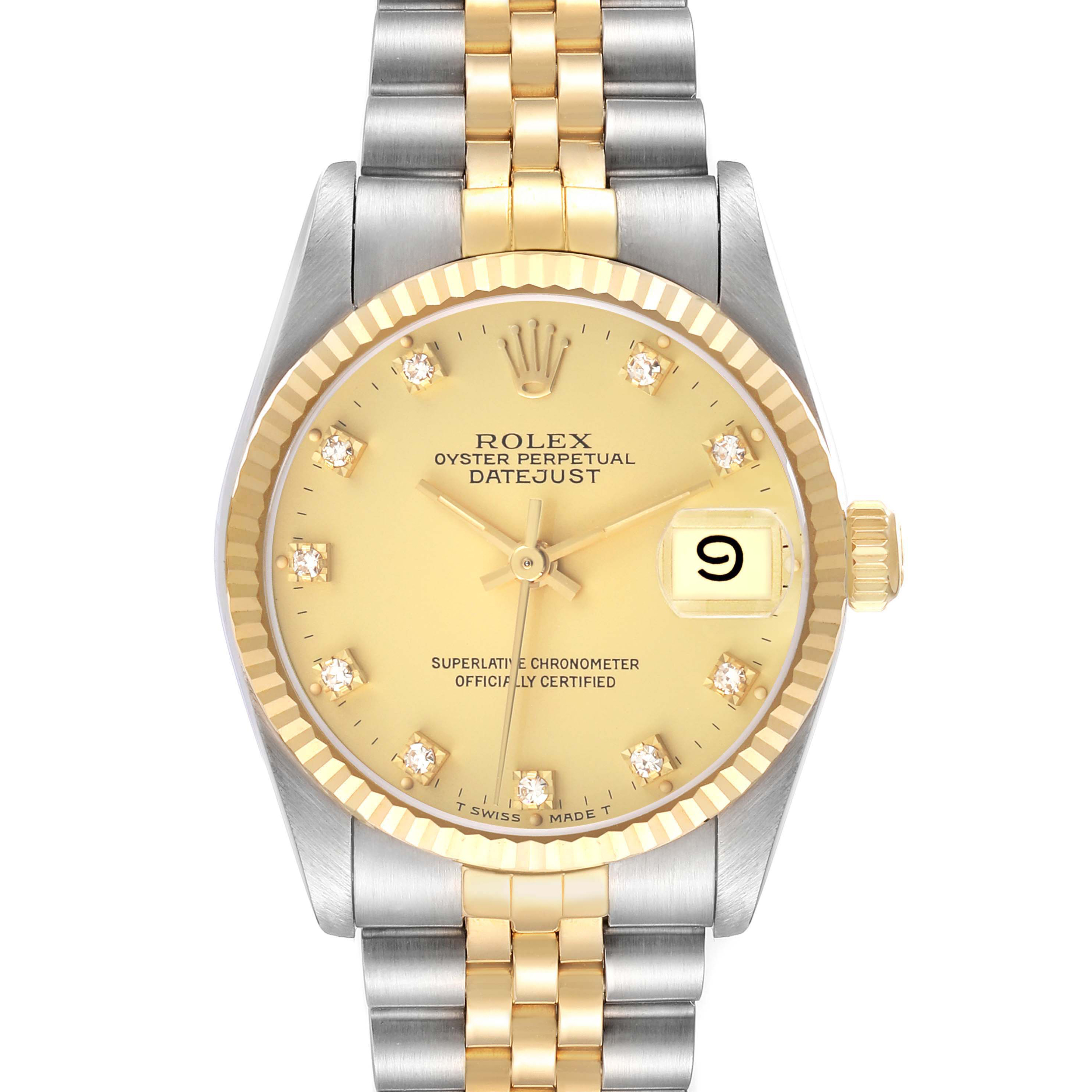 The Rolex Mid-Size 68273 Women's Steel and Gold (two tone) Champagne Dial Datejust watch is shown from a front angle, displaying the dial, bezel, and bracelet.
