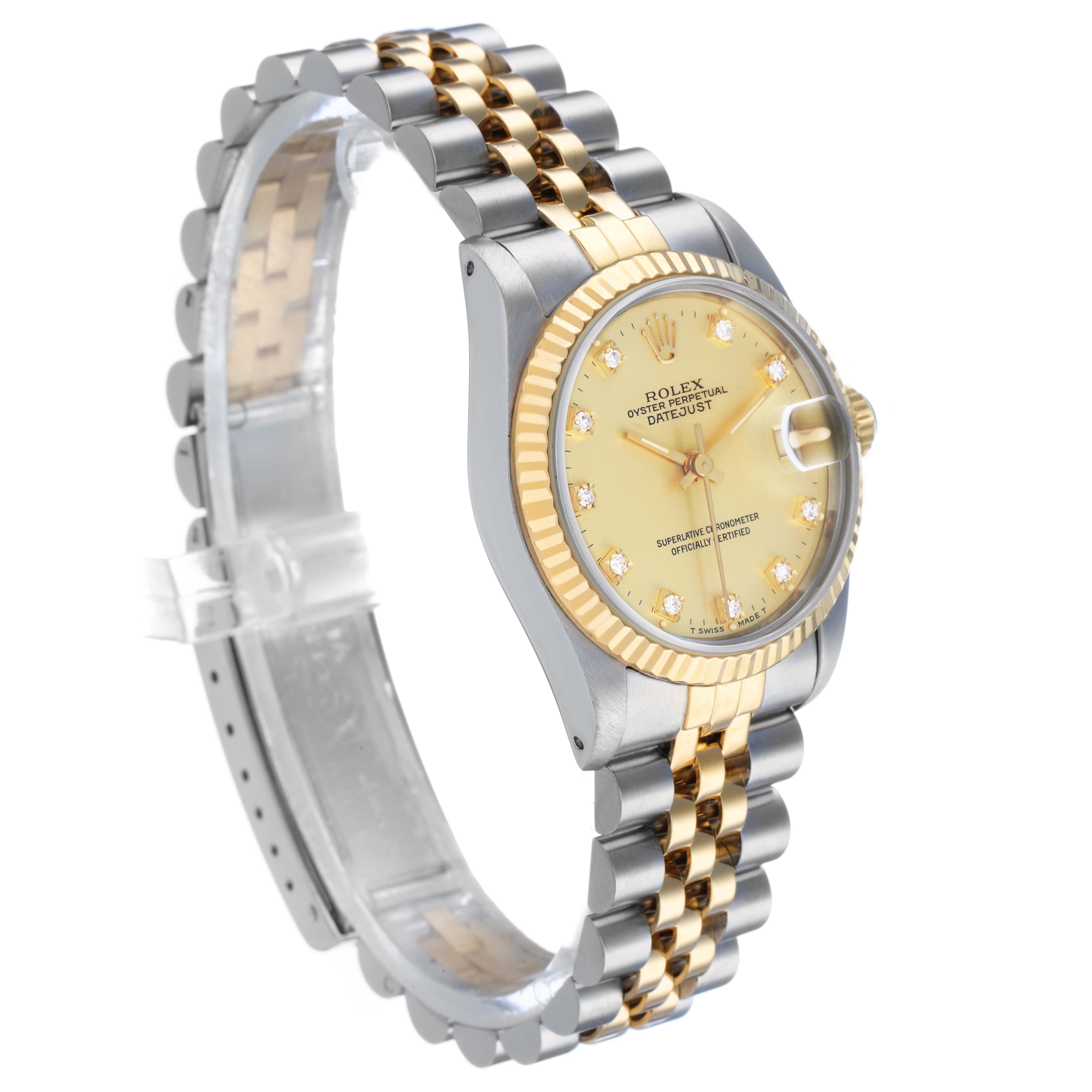 The Rolex Mid-Size 68273 Women's Steel and Gold (two tone) Champagne Dial watch is shown in a side profile angle, highlighting the face, bracelet, and case.