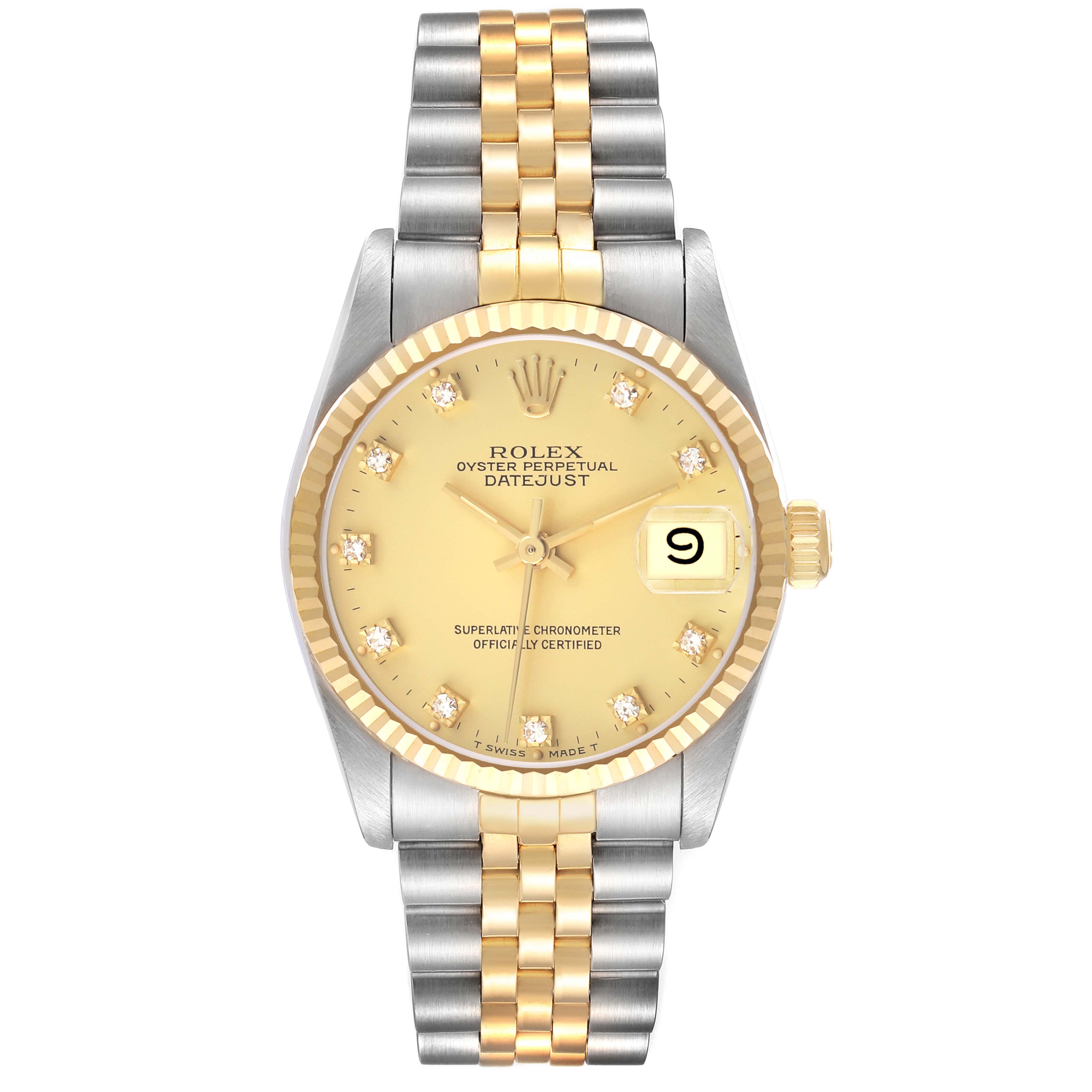 The Rolex Datejust Mid-Size is shown from a front angle, highlighting the dial, bezel, bracelet, and crown.