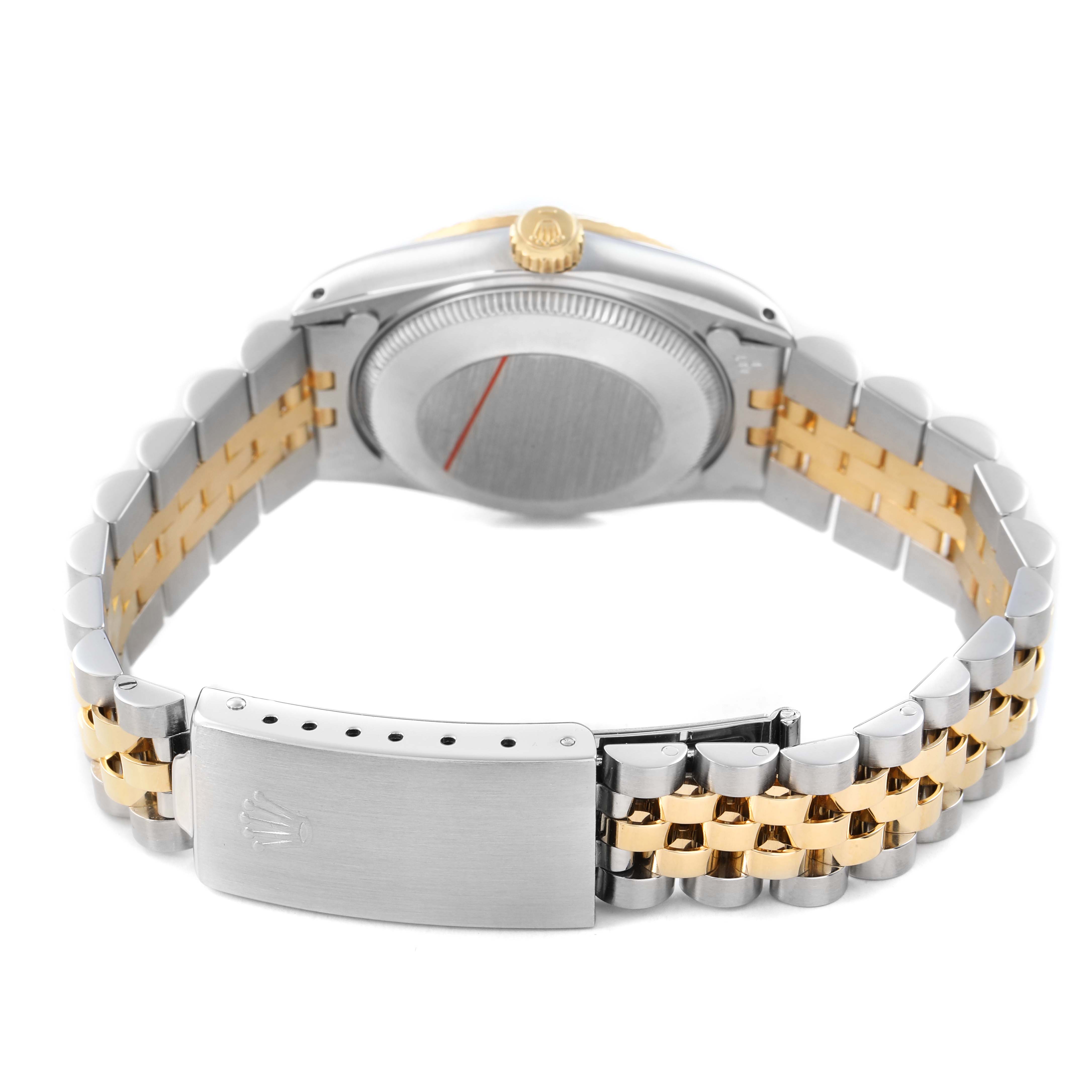 The Rolex Mid-Size 68273 Women's Steel and Gold (two tone) Champagne Dial watch is shown from the back, featuring its bracelet and clasp.