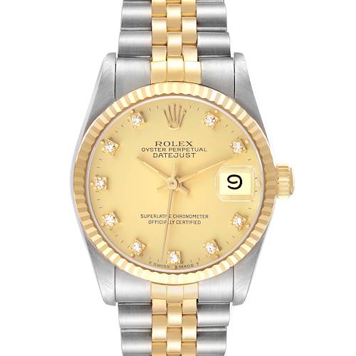 The Rolex Mid-Size 68273 Women's Steel and Gold (two tone) Champagne Dial model is shown from the front, displaying the dial, bezel, crown, and part of the bracelet.