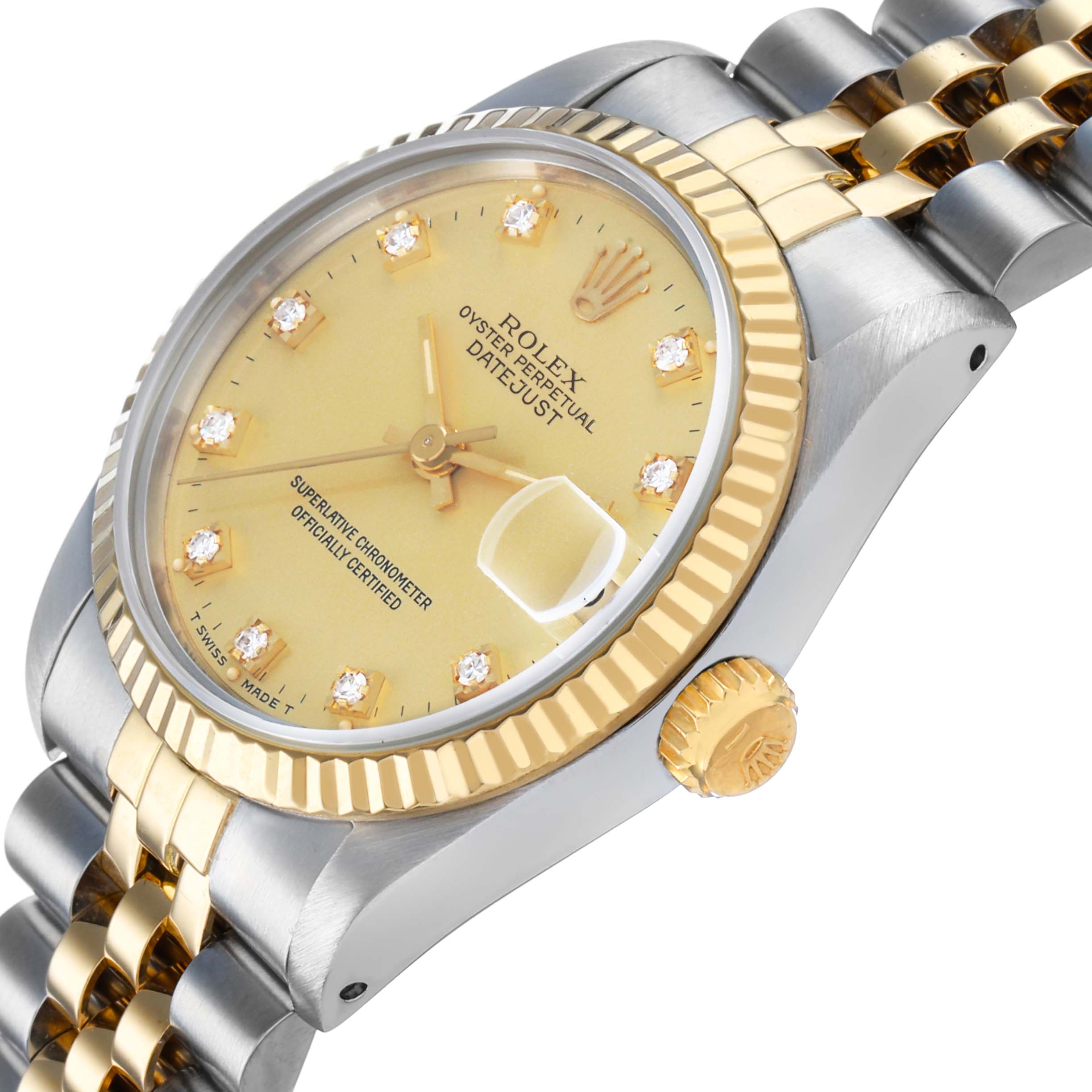 The Rolex Mid-Size 68273 Women's Steel and Gold (two tone) Champagne Dial watch is shown from a side angle, highlighting the face, crown, and part of the band.