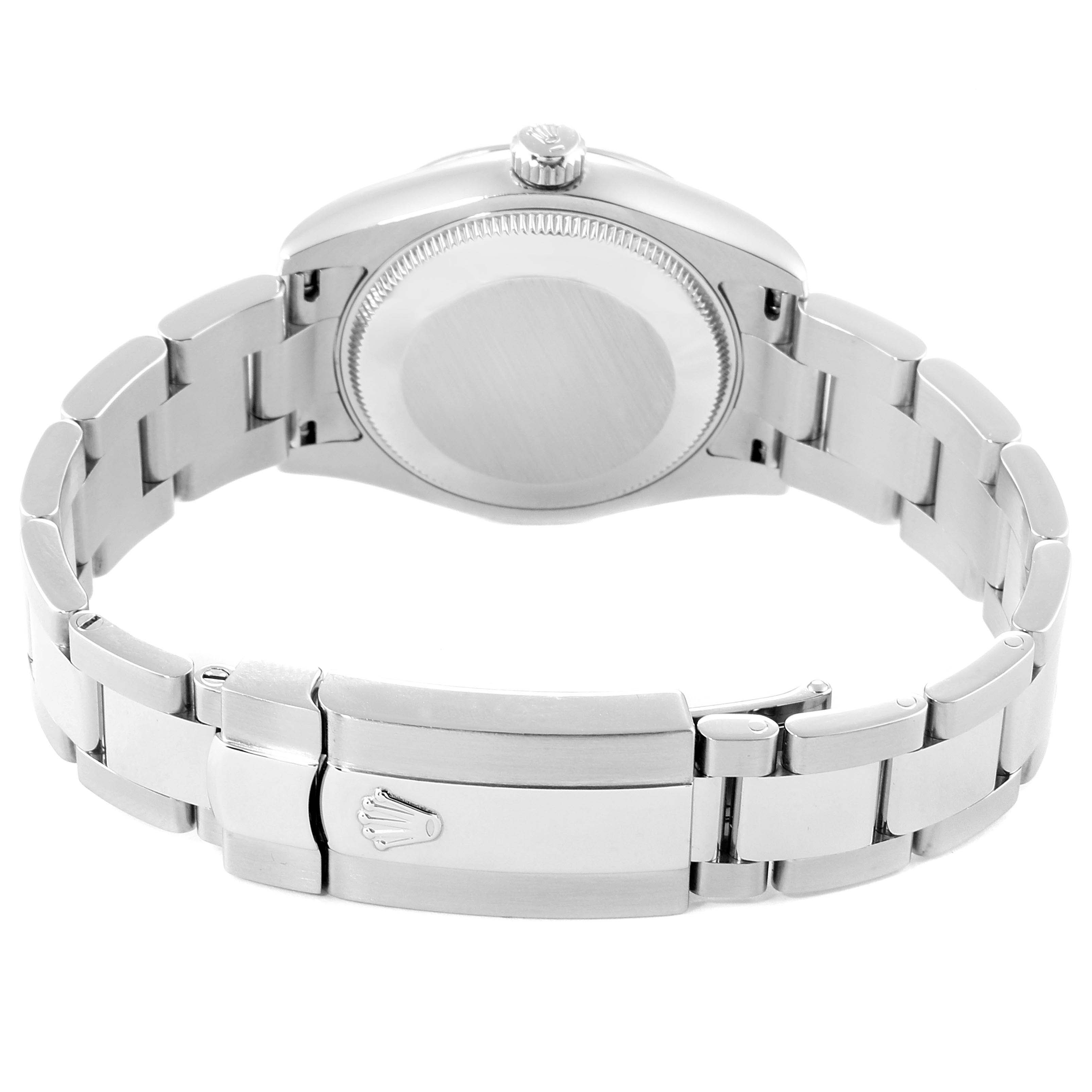 This image shows the back view of a Mid-Size Rolex watch, featuring the case back, crown, and the clasp with the Rolex logo.