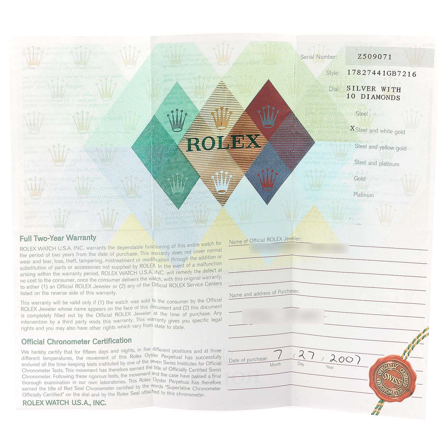 The image displays the warranty and certification papers for a Mid-Size Rolex watch model 17827441GB7216.