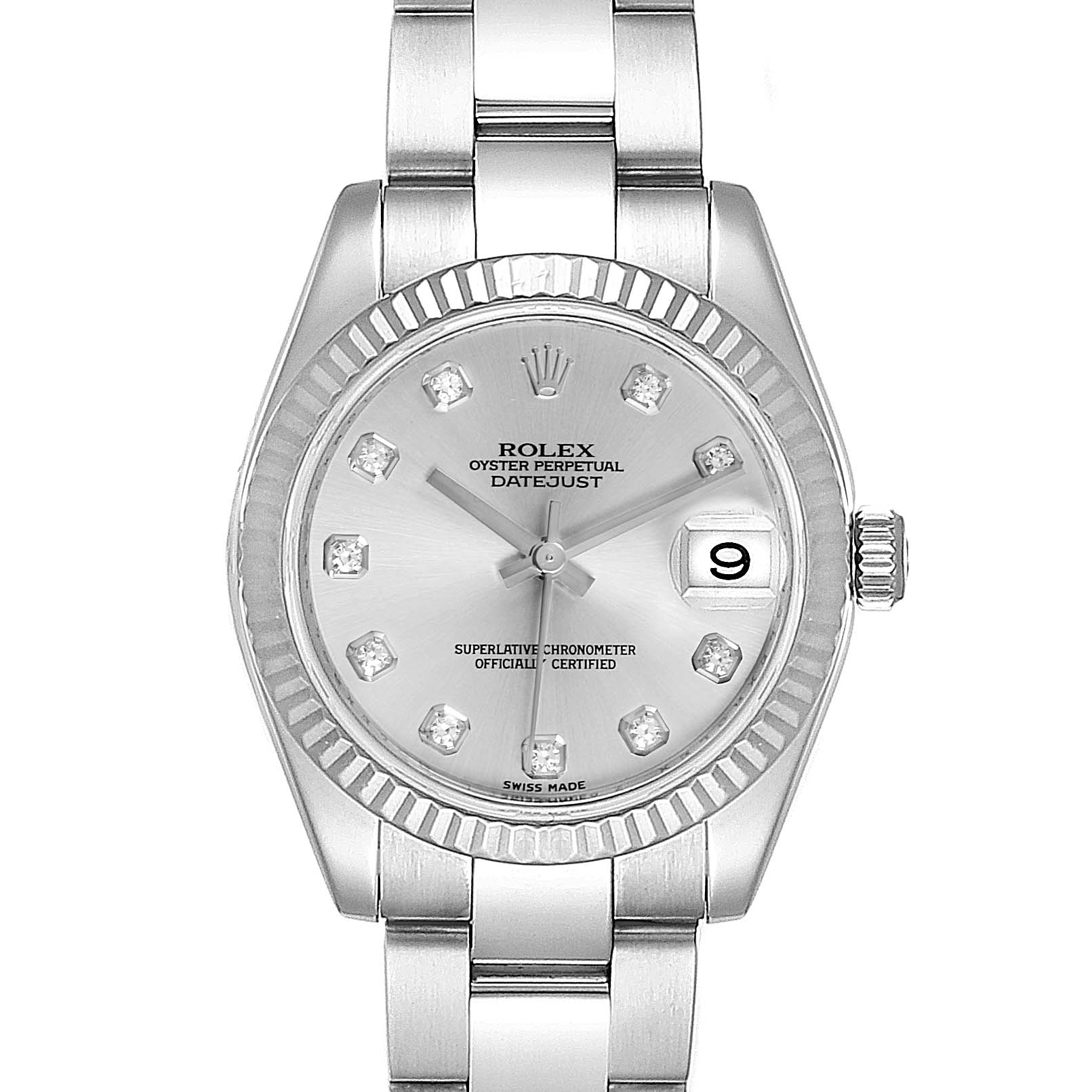 This image shows a frontal view of a Rolex Oyster Perpetual Datejust Mid-Size watch, featuring a fluted bezel, silver dial, and date window at 3 o
clock.