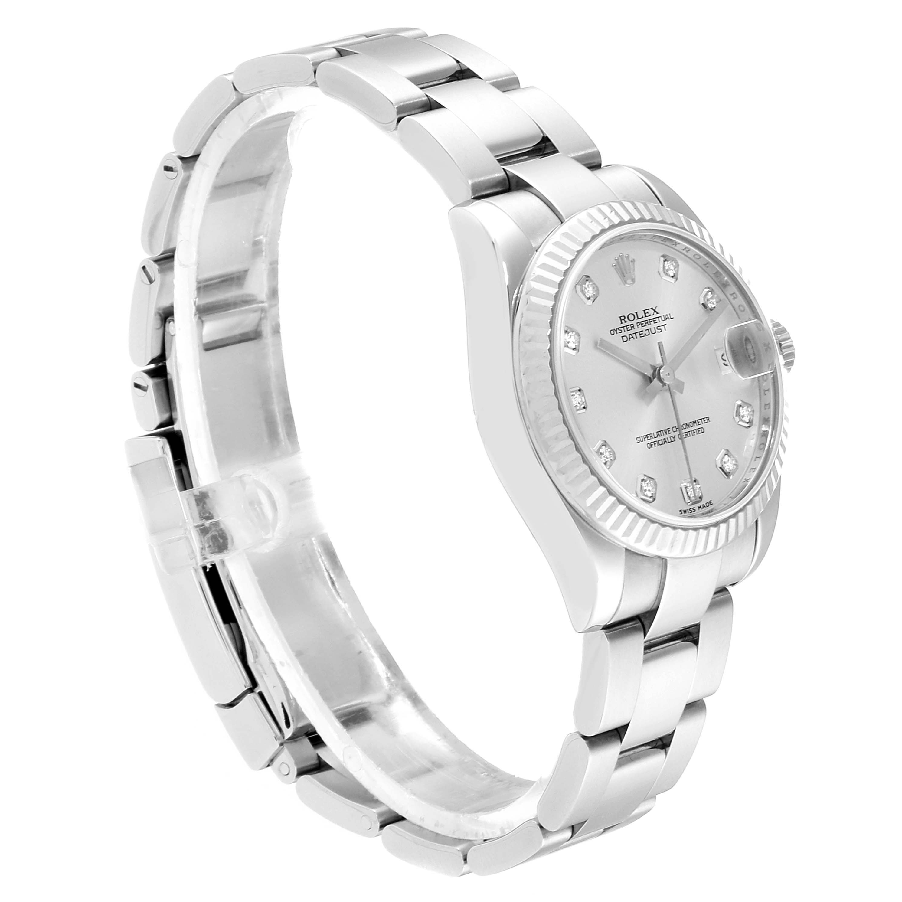This image shows a Rolex Mid-Size 178274 Women
s Stainless Steel Silver Dial 178274 Women
s Stainless Steel Silver Dial Datejust watch angled to display its face and bracelet.