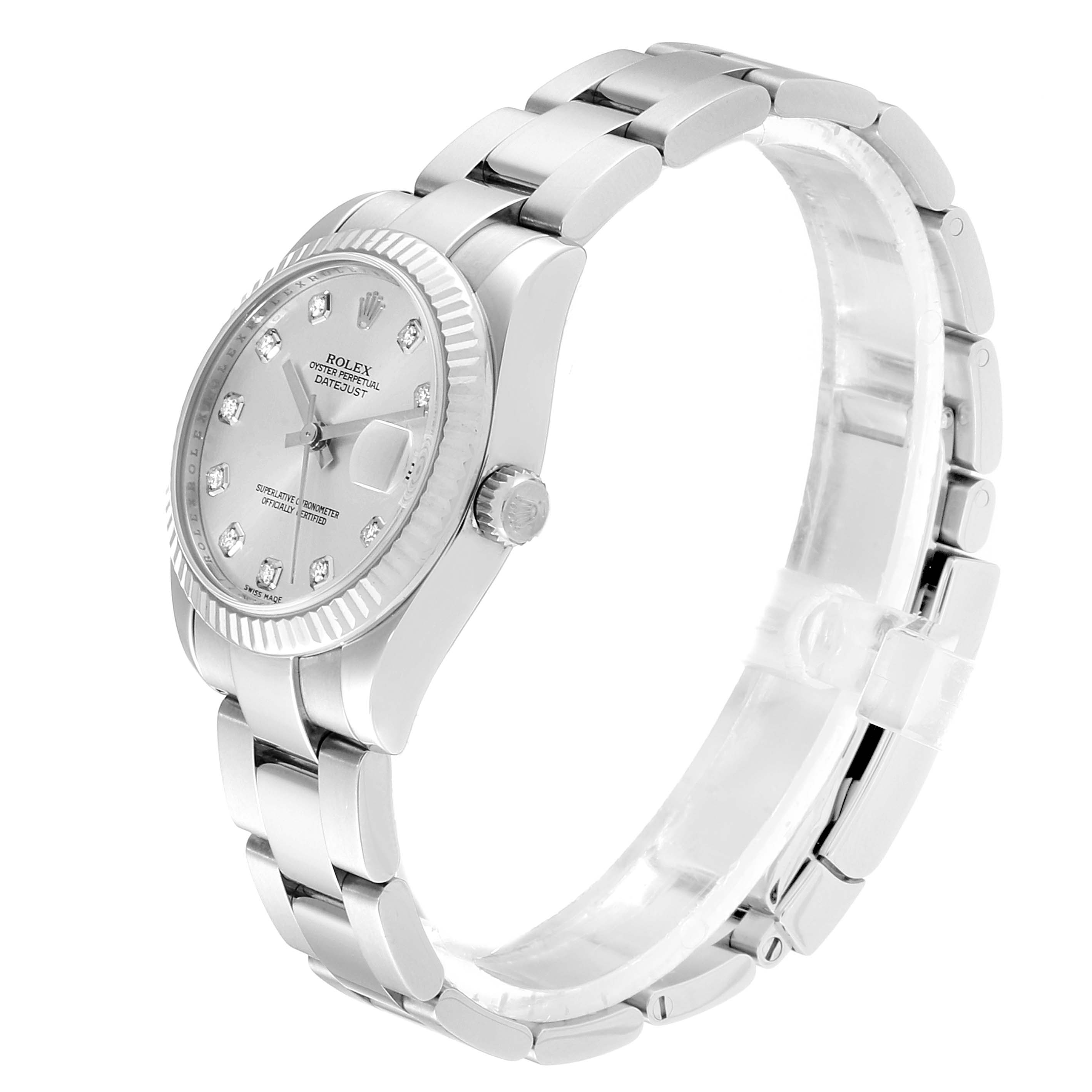 This image shows a side view of a Mid-Size Rolex watch, highlighting the dial, bezel, and bracelet.