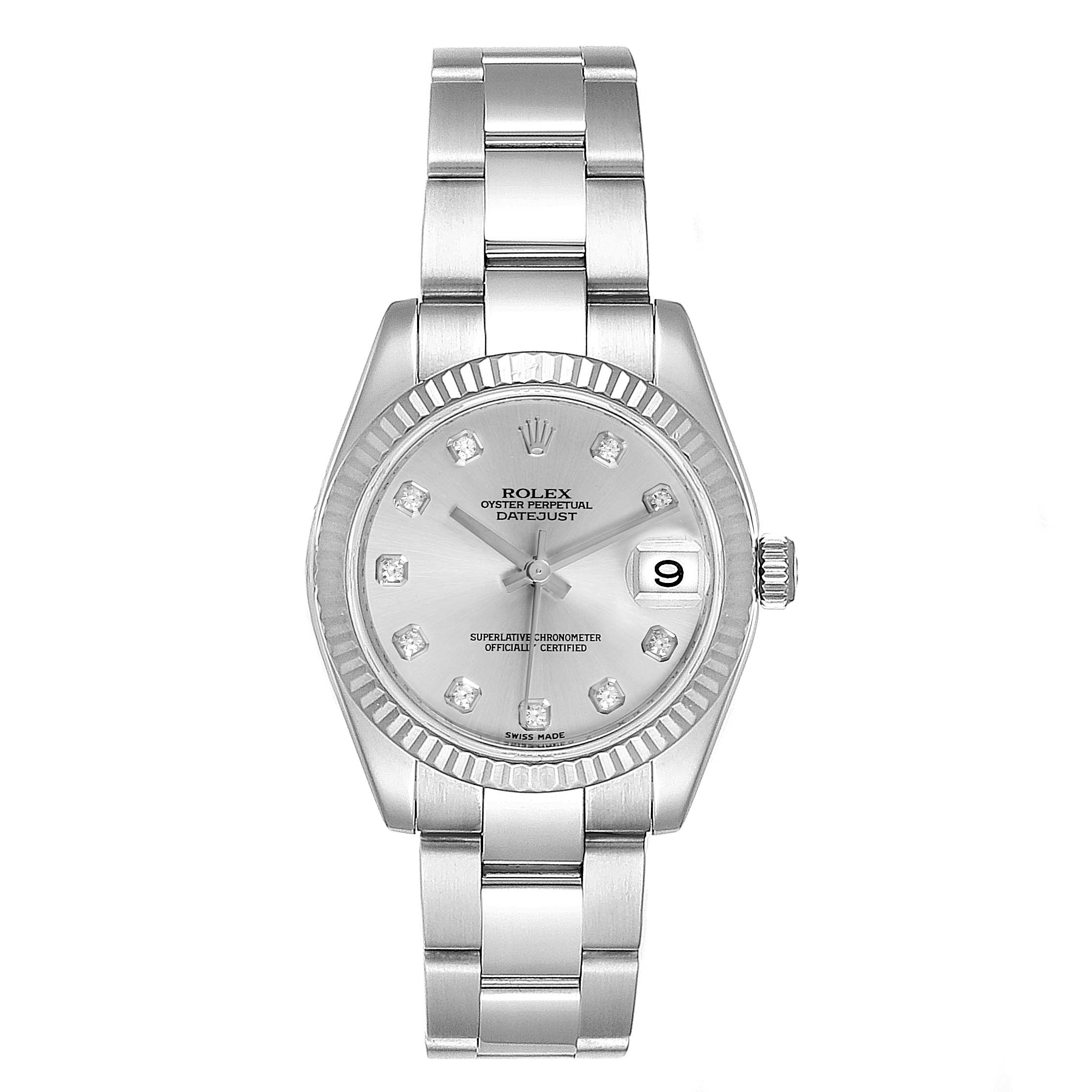 This image shows a front view of a Rolex Mid-Size 178274 Women
s Stainless Steel Silver Dial 178274 Women
s Stainless Steel Silver Dial Oyster Perpetual Datejust watch, featuring a silver dial, fluted bezel, and link bracelet.