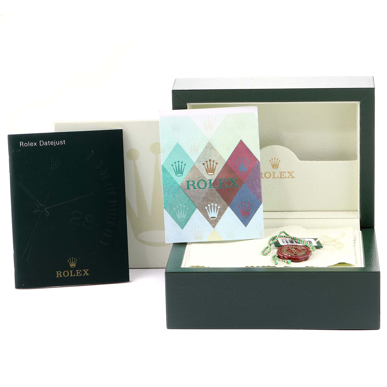 The image shows the packaging, booklets, and accessories for a Rolex Datejust Mid-Size model watch.