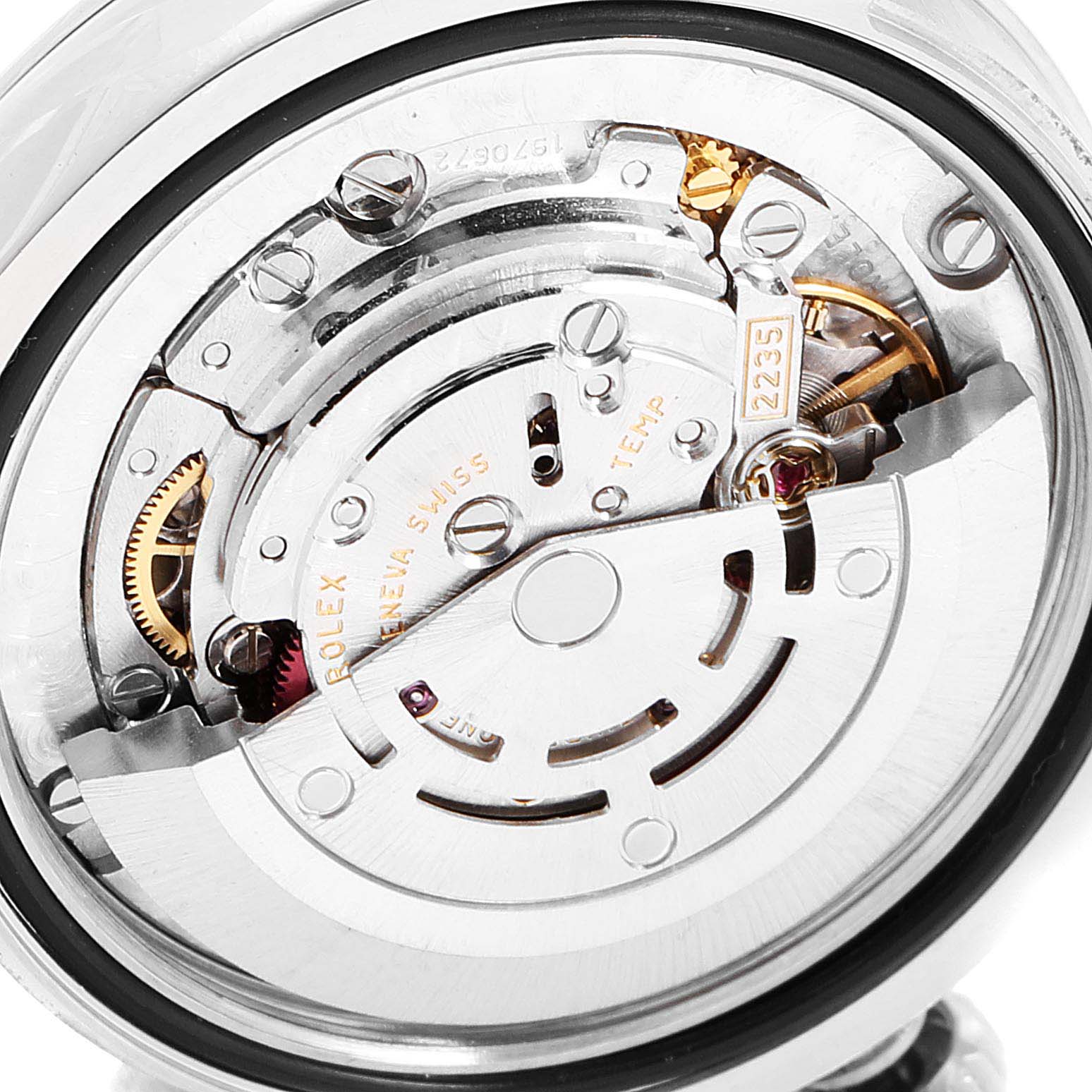 The image shows the internal mechanical movement of a Rolex Mid-Size 178274 Women
s Stainless Steel Silver Dial 178274 Women
s Stainless Steel Silver Dial watch viewed from the back.