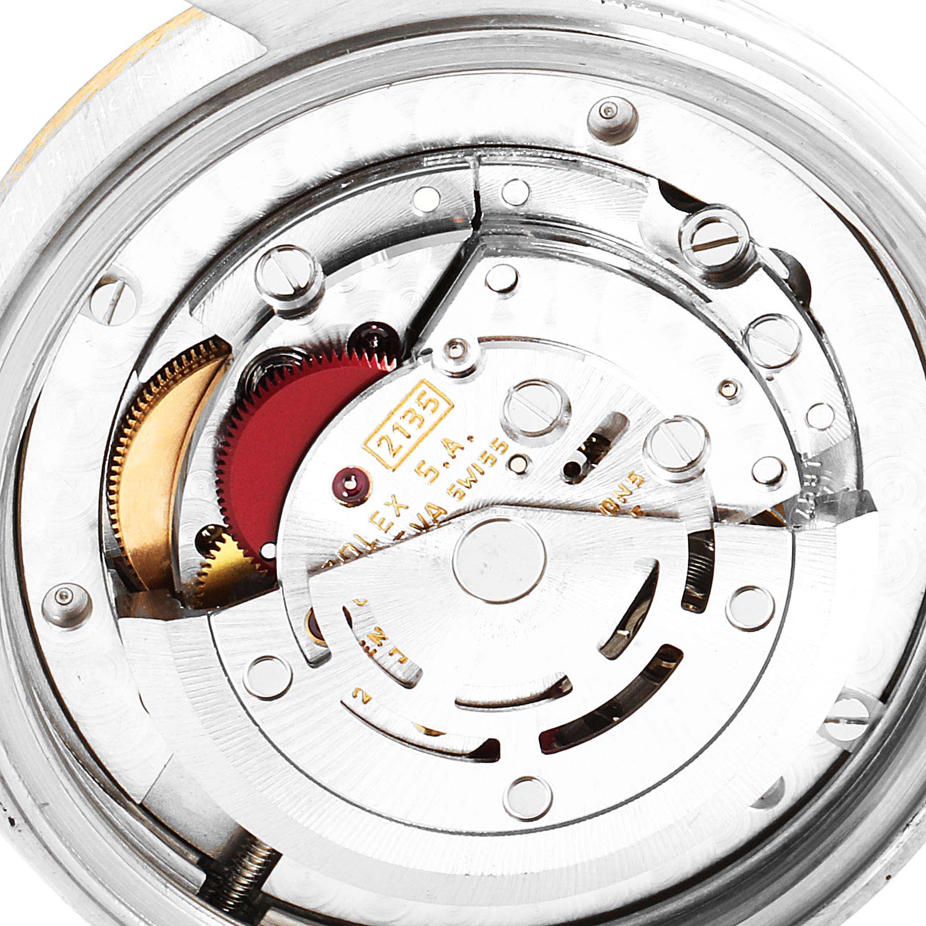 This image shows an interior view of the movement mechanism of a Rolex Mid-Size 68273 Women
s Steel and Gold (two tone) Champagne Dial 68273 Women
s Steel and Gold (two tone) Champagne Dial watch.