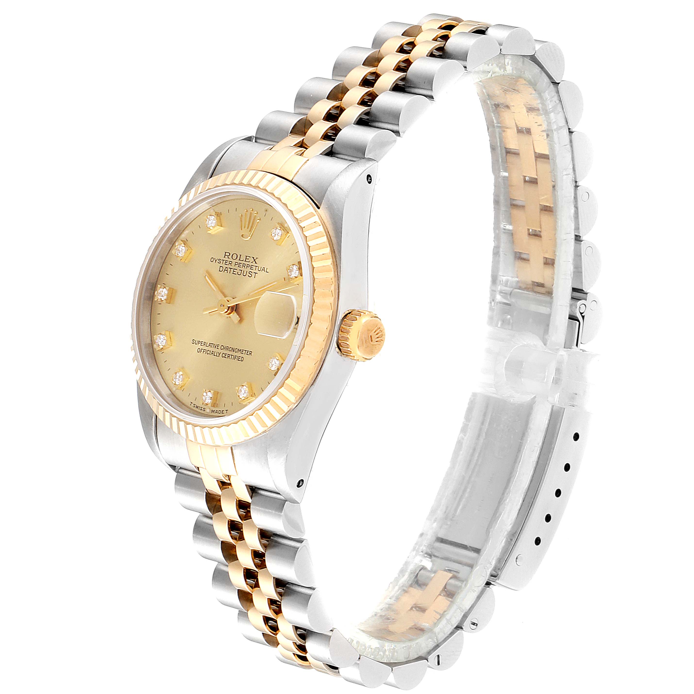 This image shows a side angle of a Rolex Mid-Size 68273 Women
s Steel and Gold (two tone) Champagne Dial 68273 Women
s Steel and Gold (two tone) Champagne Dial Datejust watch, highlighting its jubilee bracelet and fluted bezel.