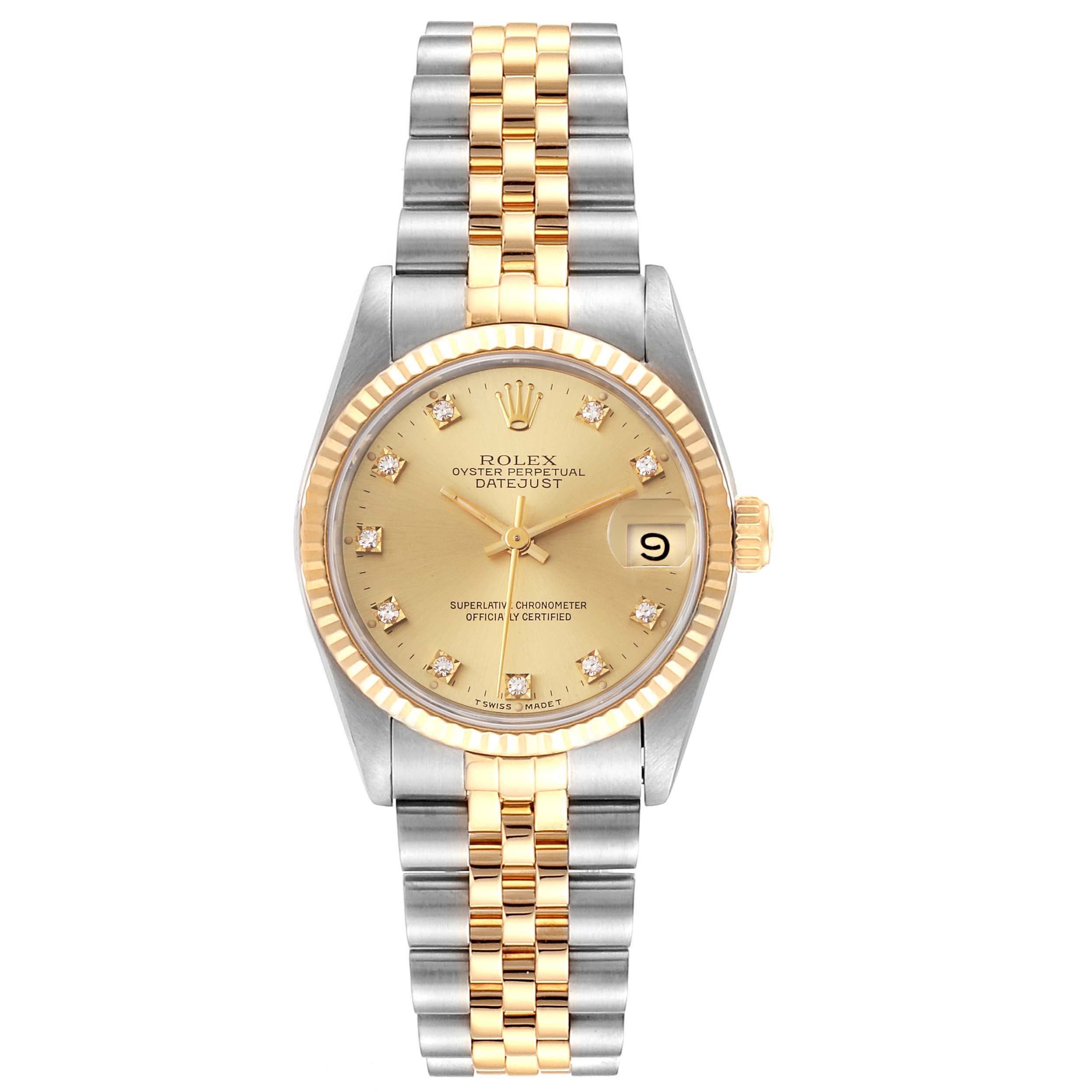 The image shows a front view of a Mid-Size Rolex Oyster Perpetual Datejust watch with a gold and silver bracelet.