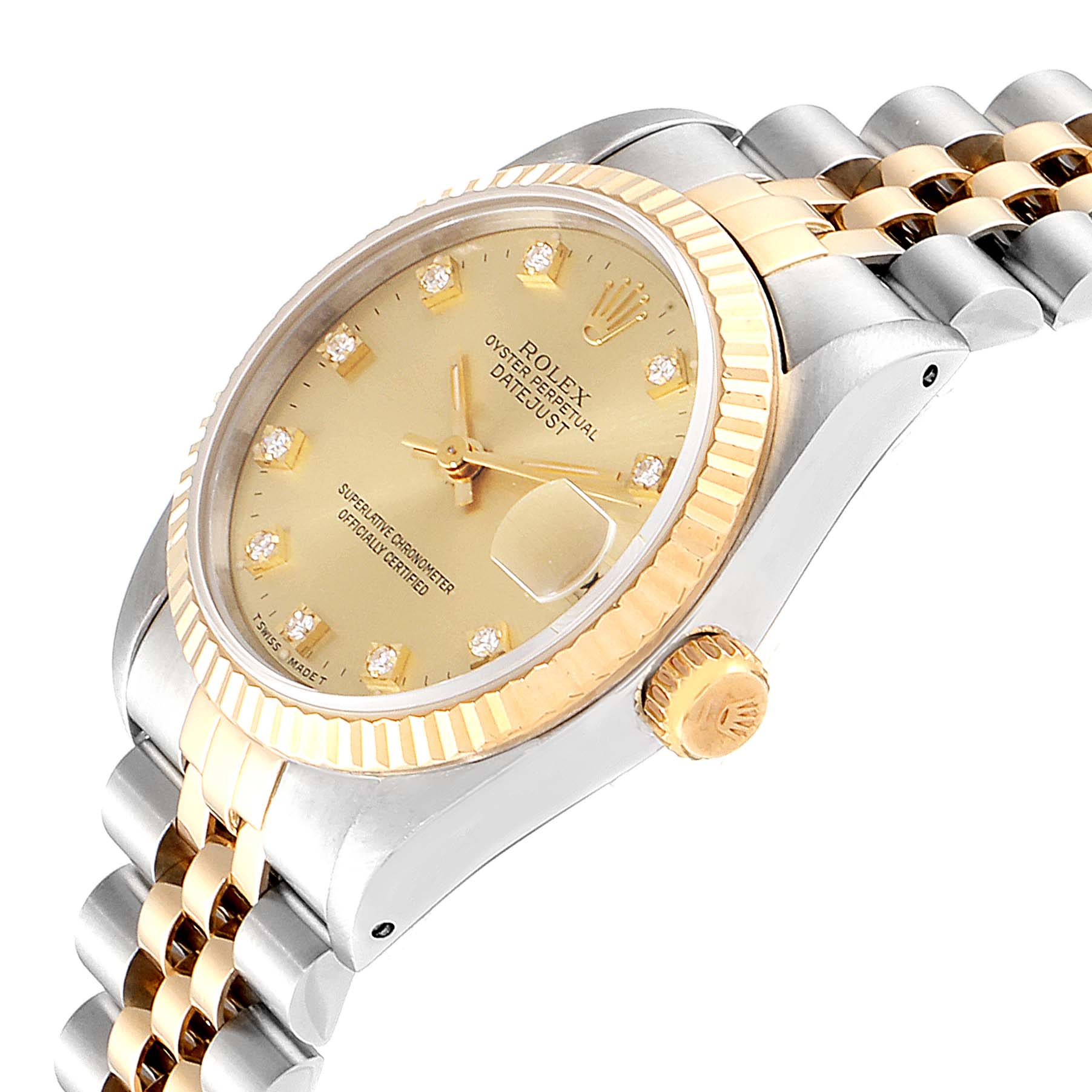 The image shows a side angle of a Rolex Mid-Size 68273 Women
s Steel and Gold (two tone) Champagne Dial 68273 Women
s Steel and Gold (two tone) Champagne Dial Datejust, highlighting the dial, fluted bezel, crown, and part of the bracelet.