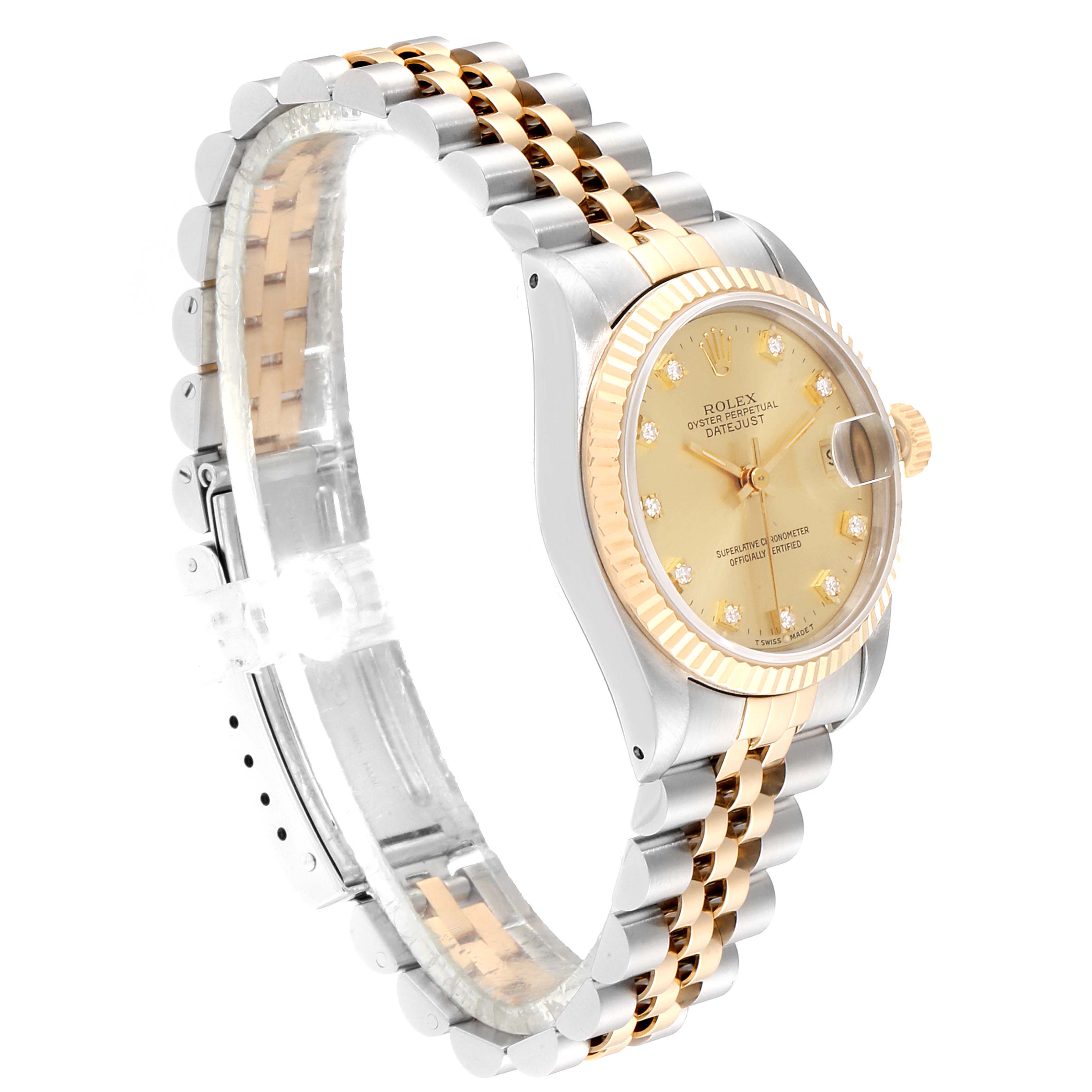 The image shows a side view of a Rolex Mid-Size 68273 Women
s Steel and Gold (two tone) Champagne Dial 68273 Women
s Steel and Gold (two tone) Champagne Dial watch displaying its dial, bezel, case, crown, and part of the bracelet.