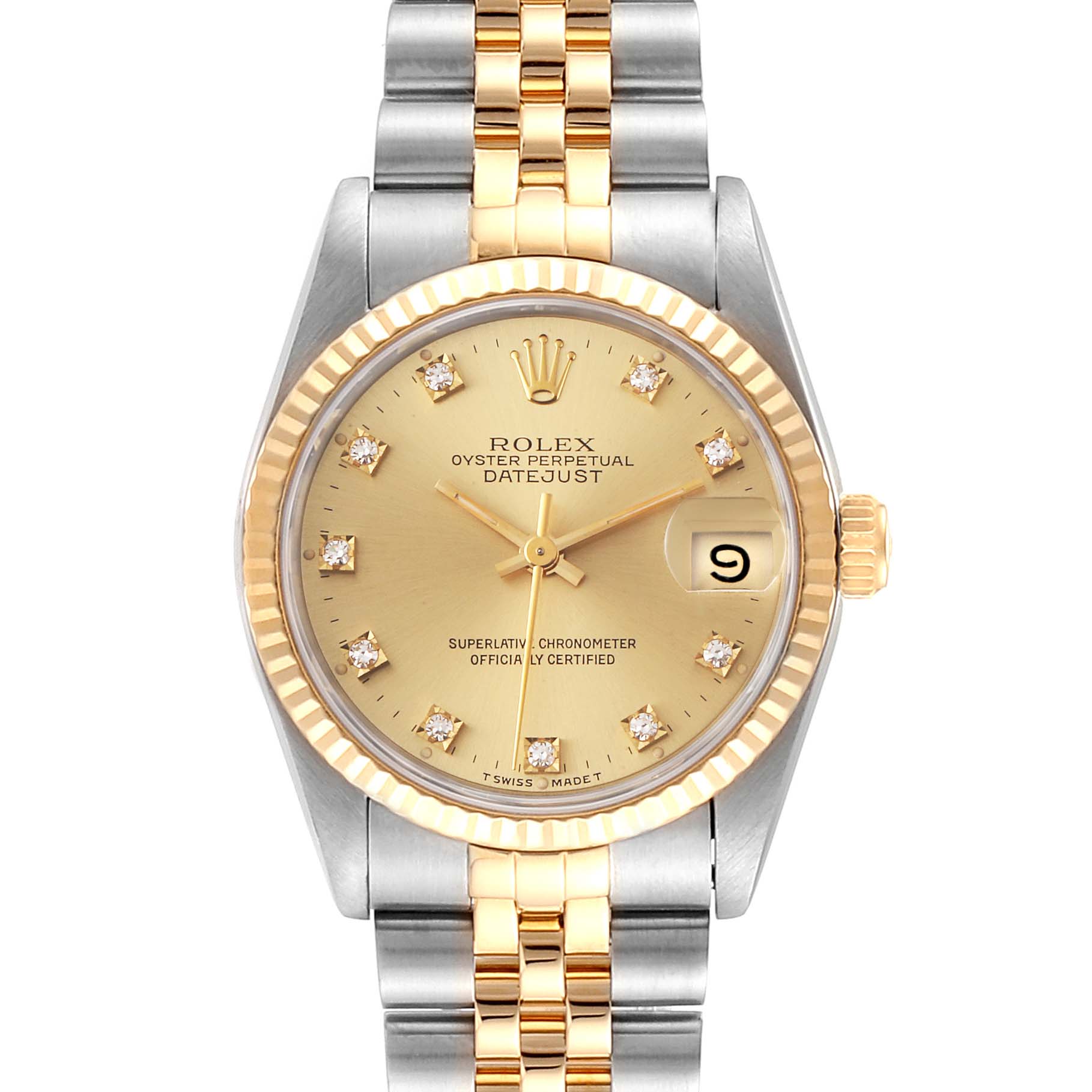 This is a front view of a Rolex Mid-Size 68273 Women
s Steel and Gold (two tone) Champagne Dial 68273 Women
s Steel and Gold (two tone) Champagne Dial Datejust showing the dial, bezel, crown, and bracelet.