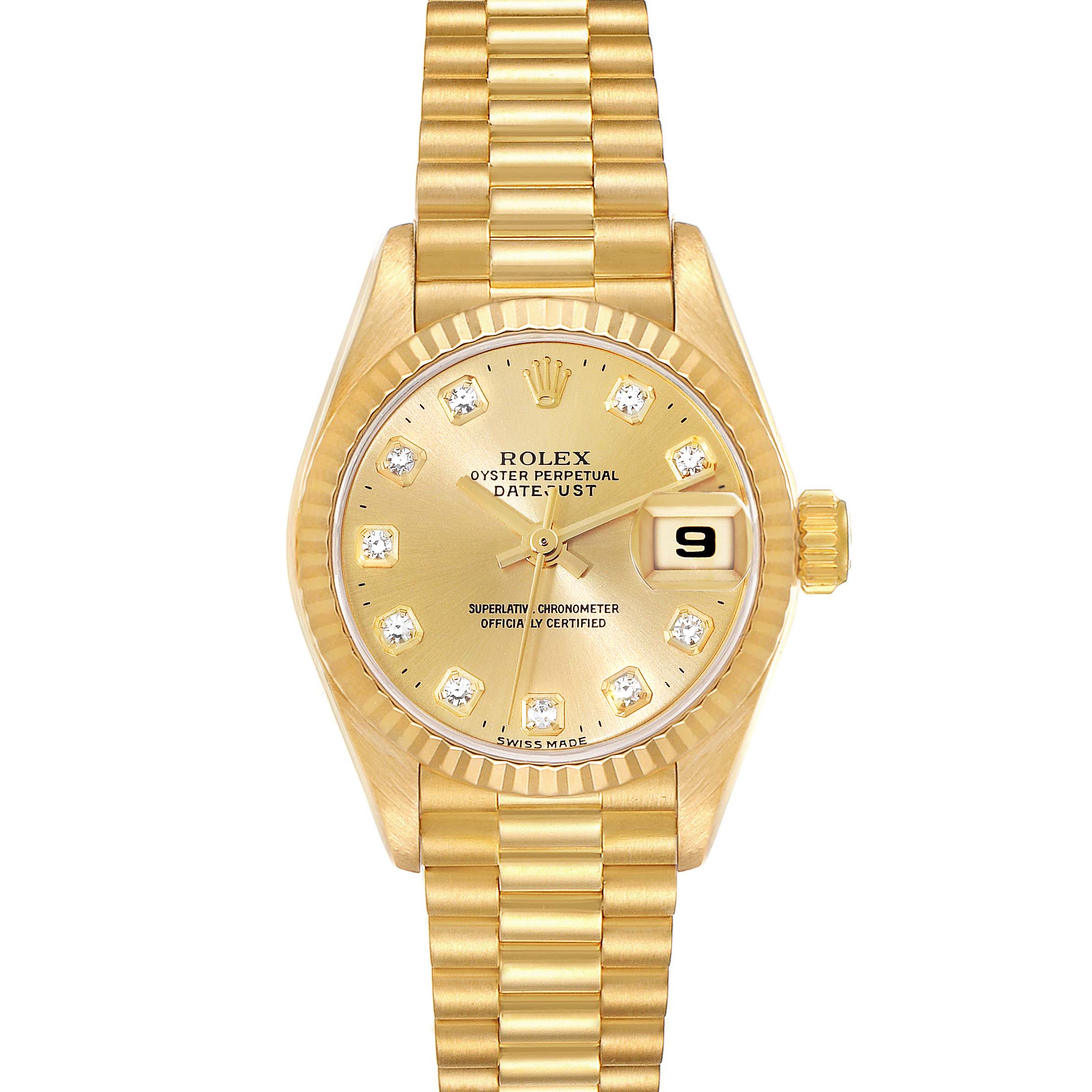 This image shows a front view of the Rolex President 69178 Women's Yellow Gold Champagne Dial 69178 Women's Yellow Gold Champagne Dial model watch, displaying its dial, bezel, date window, and bracelet directly.