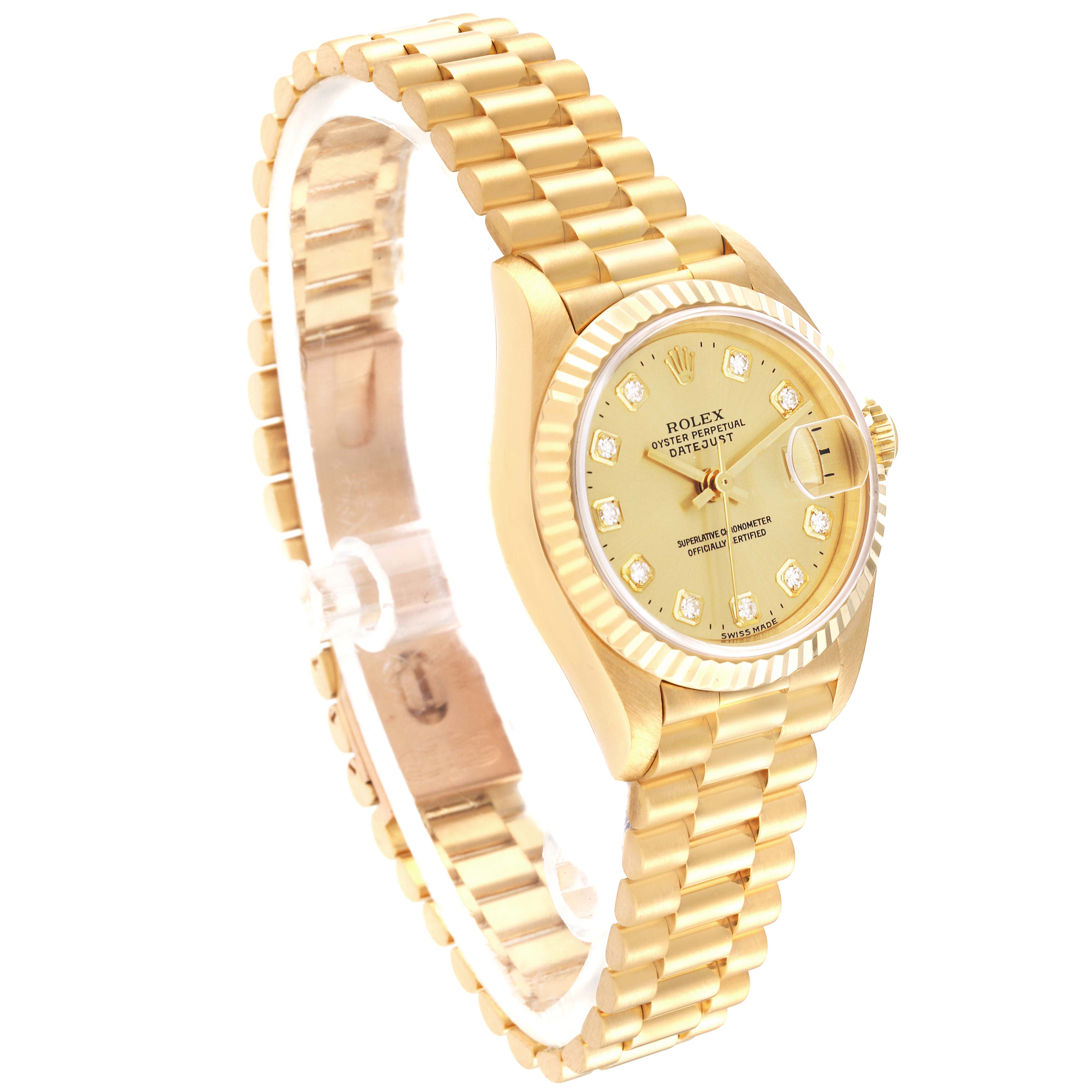 The image shows a side angle of a gold Rolex President 69178 Women's Yellow Gold Champagne Dial 69178 Women's Yellow Gold Champagne Dial model watch, highlighting the face, bezel, and band.
