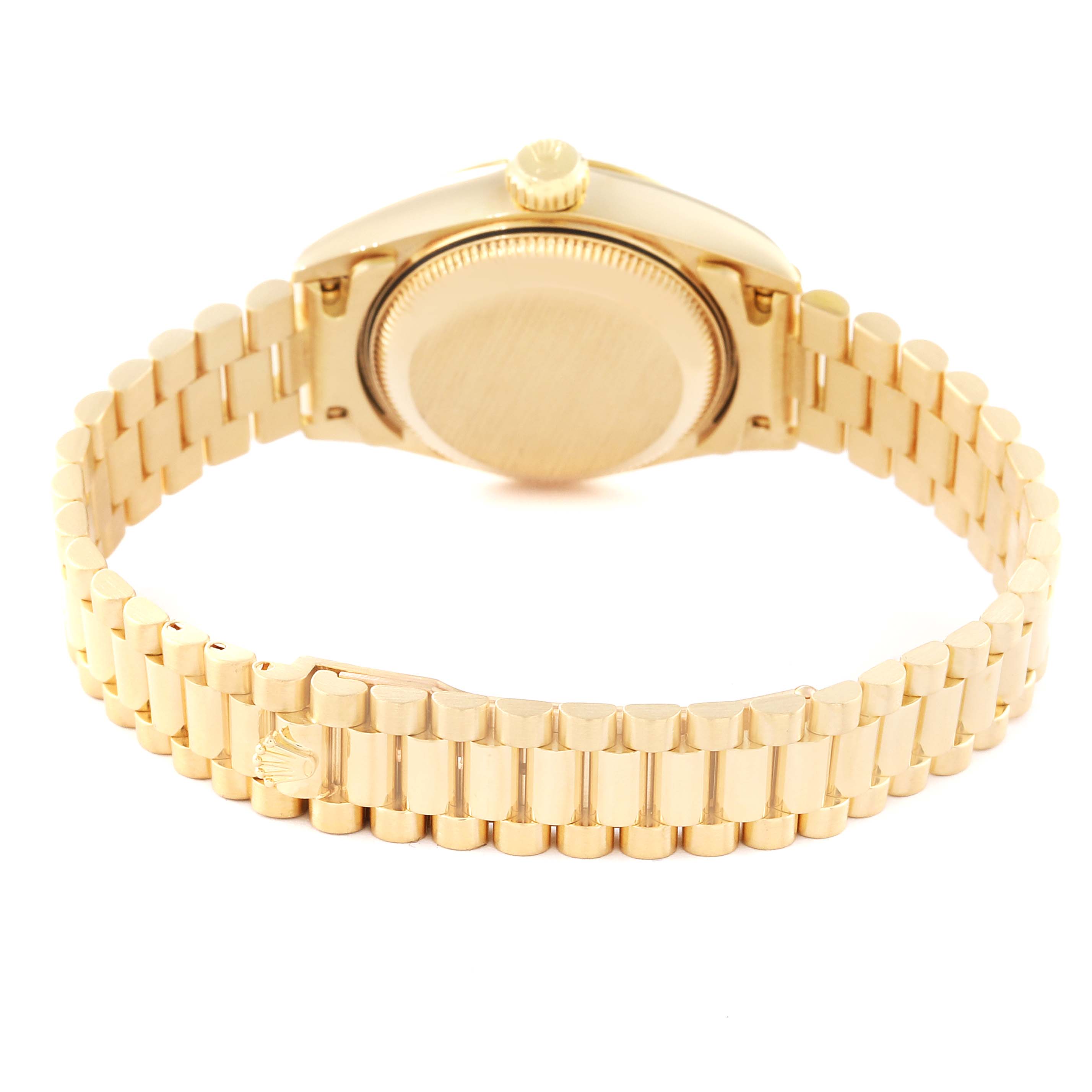 The image shows the back view and bracelet of a Rolex President 69178 Women's Yellow Gold Champagne Dial 69178 Women's Yellow Gold Champagne Dial model watch.