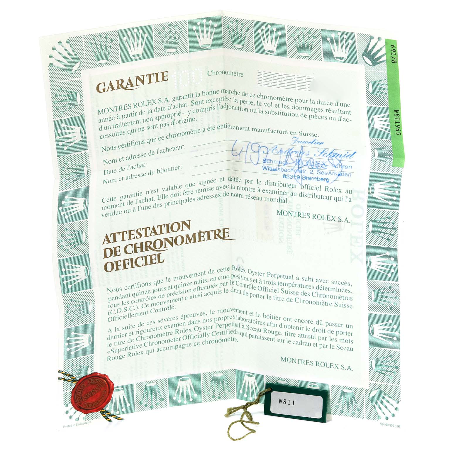 The image shows a guarantee certificate and a tag for the Rolex President 69178 Women's Yellow Gold Champagne Dial 69178 Women's Yellow Gold Champagne Dial model watch.