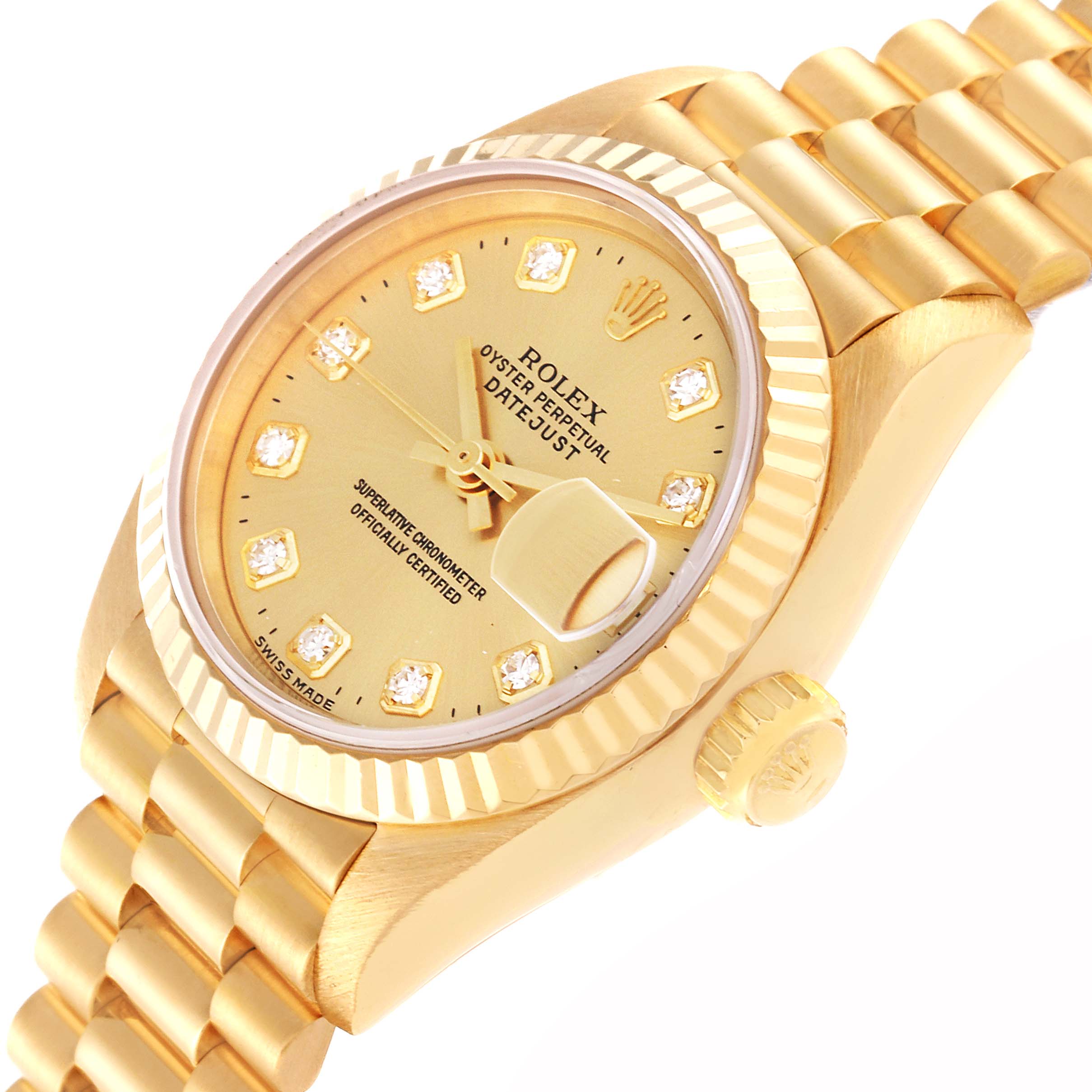 The image shows a close-up angled view of a Rolex President 69178 Women's Yellow Gold Champagne Dial 69178 Women's Yellow Gold Champagne Dial model watch, highlighting the face, bezel, and part of the bracelet.