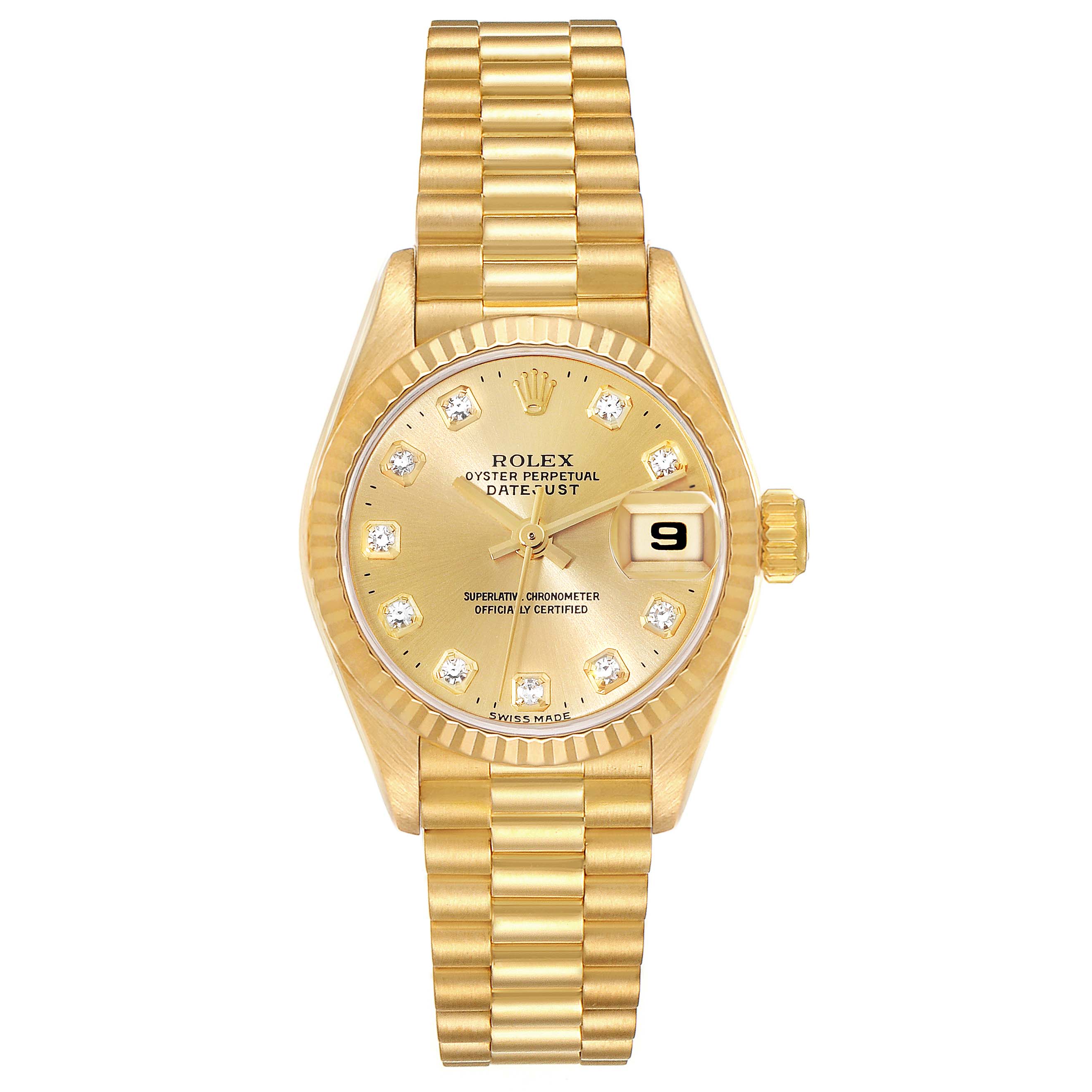 The image shows a front view of the Rolex President 69178 Women's Yellow Gold Champagne Dial 69178 Women's Yellow Gold Champagne Dial model wristwatch, including its gold dial, bezel, and bracelet.