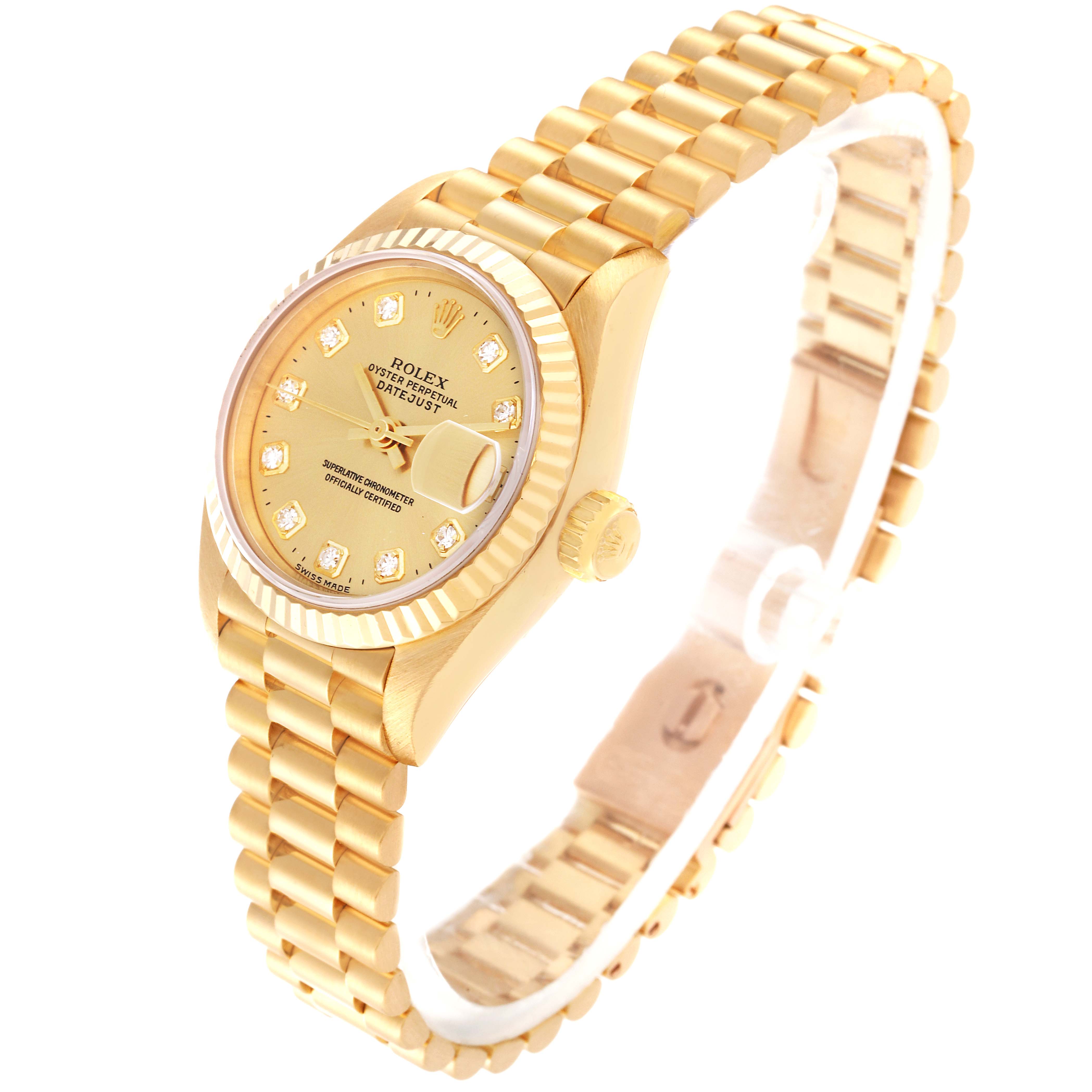 The image shows a Rolex President 69178 Women's Yellow Gold Champagne Dial 69178 Women's Yellow Gold Champagne Dial model watch viewed at an angle that highlights the face, bezel, crown, and bracelet.
