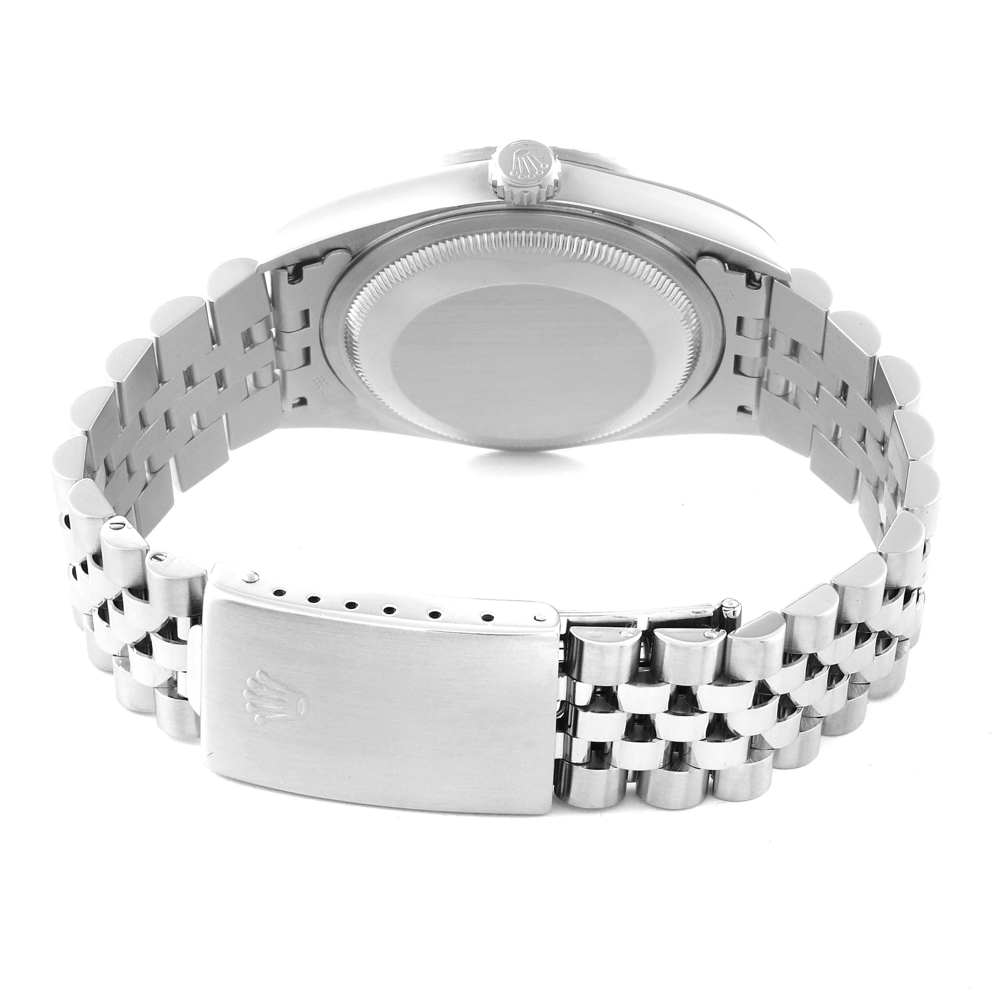 The image shows the back view of the Rolex Datejust 16220 Men's Stainless Steel Silver Dial 16220 Men's Stainless Steel Silver Dial watch, highlighting the case back and Jubilee bracelet with the clasp.