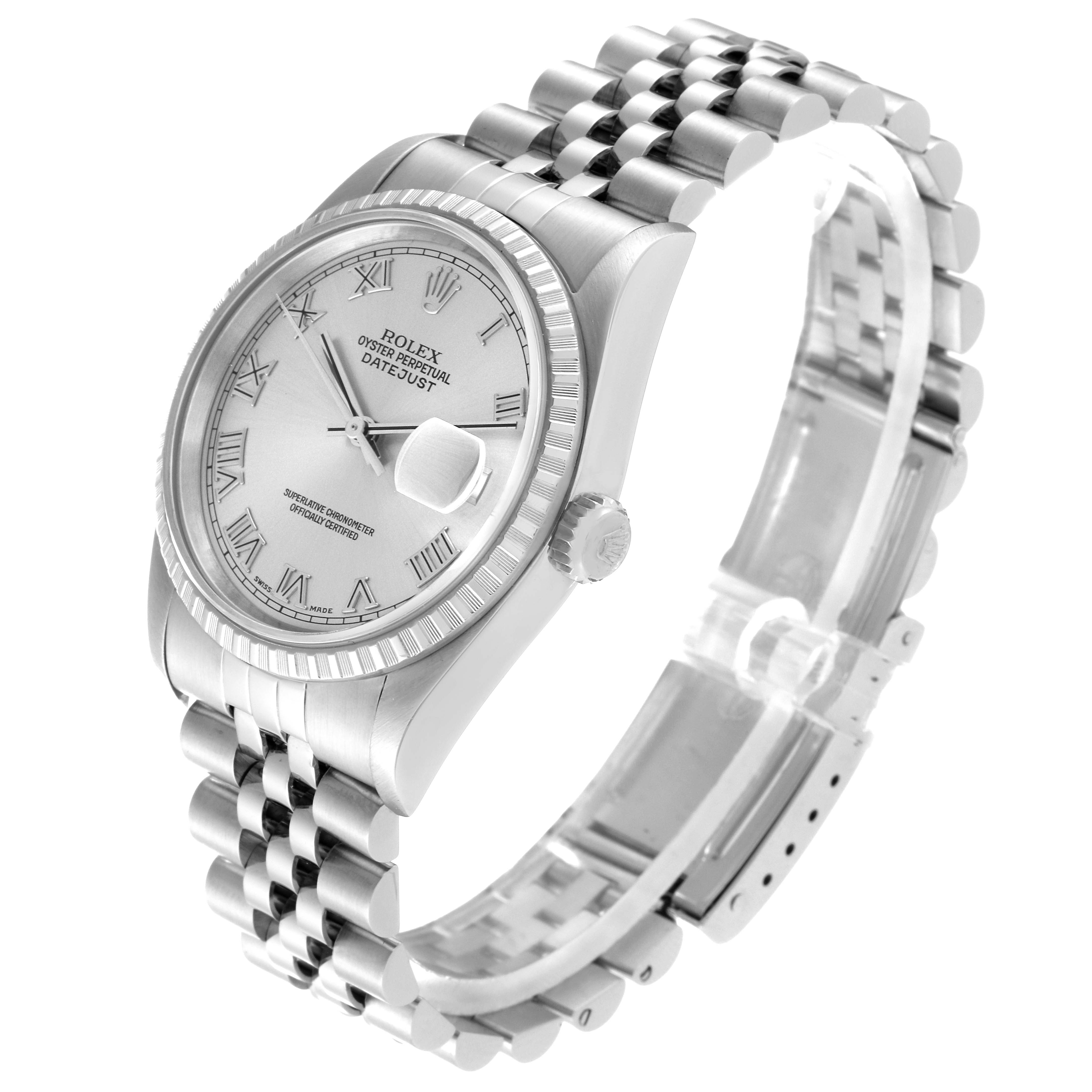 This image shows a side and front angle of the Rolex Datejust 16220 Men's Stainless Steel Silver Dial 16220 Men's Stainless Steel Silver Dial watch, displaying the face, bezel, crown, and bracelet.