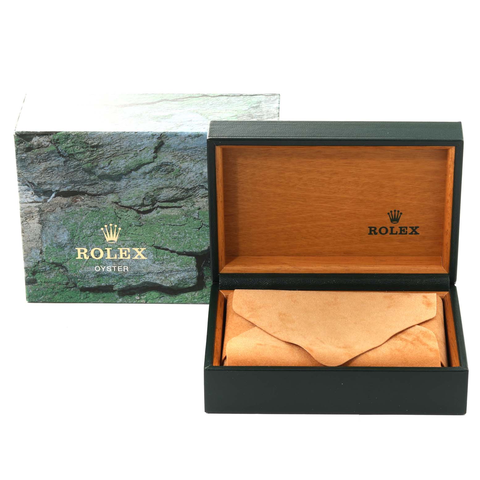 The image shows a Rolex Datejust 16220 Men's Stainless Steel Silver Dial 16220 Men's Stainless Steel Silver Dial watch box and its packaging, with the box open to reveal a suede pouch inside.