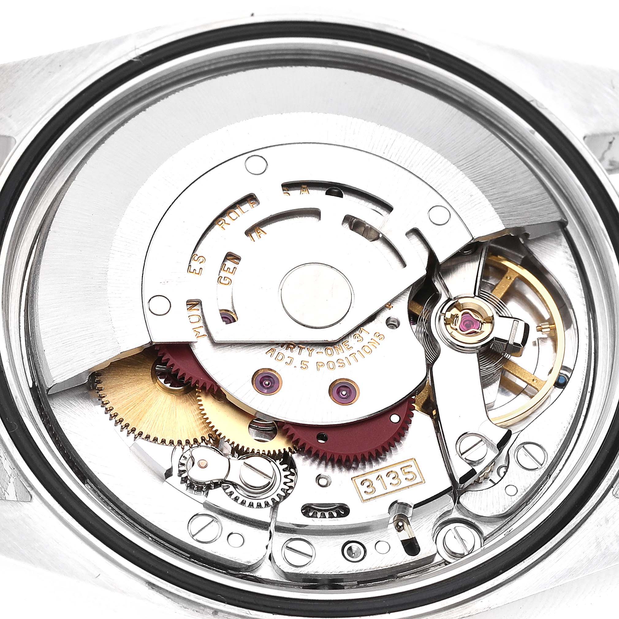 This image shows the internal mechanism of a Rolex Datejust 16220 Men's Stainless Steel Silver Dial 16220 Men's Stainless Steel Silver Dial watch, captured from the rear angle.