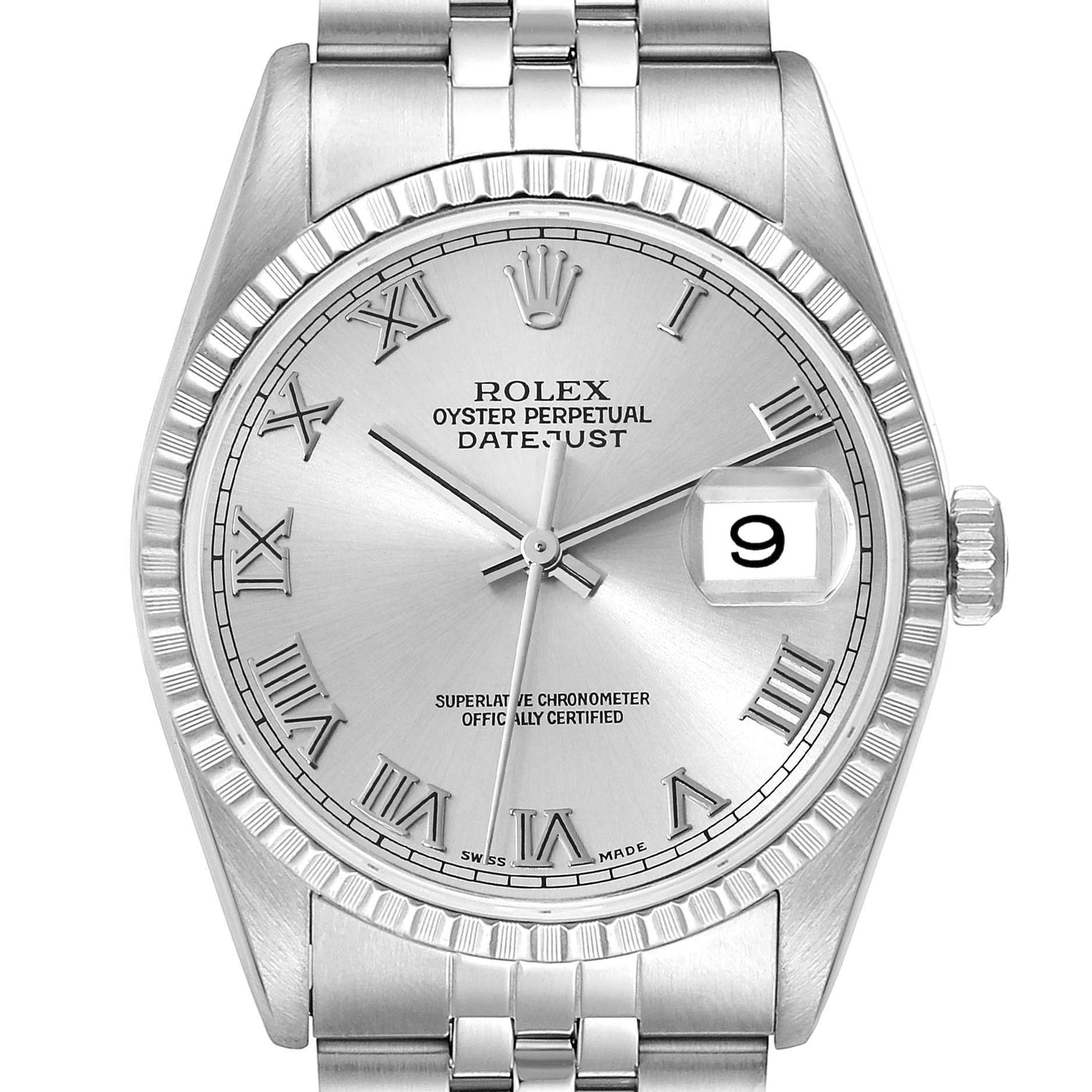 This image shows a front view of the Rolex Datejust 16220 Men's Stainless Steel Silver Dial 16220 Men's Stainless Steel Silver Dial watch, highlighting its face, fluted bezel, and part of the bracelet.