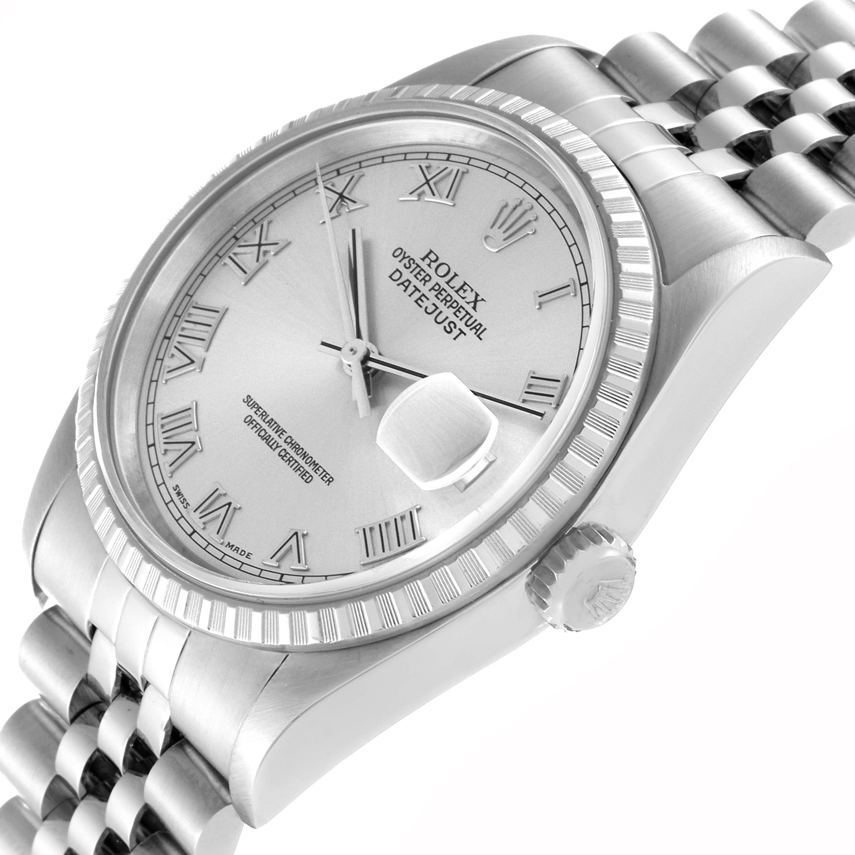 The image shows the face, bezel, and partial bracelet of a Rolex Datejust 16220 Men's Stainless Steel Silver Dial 16220 Men's Stainless Steel Silver Dial watch at an angled view.