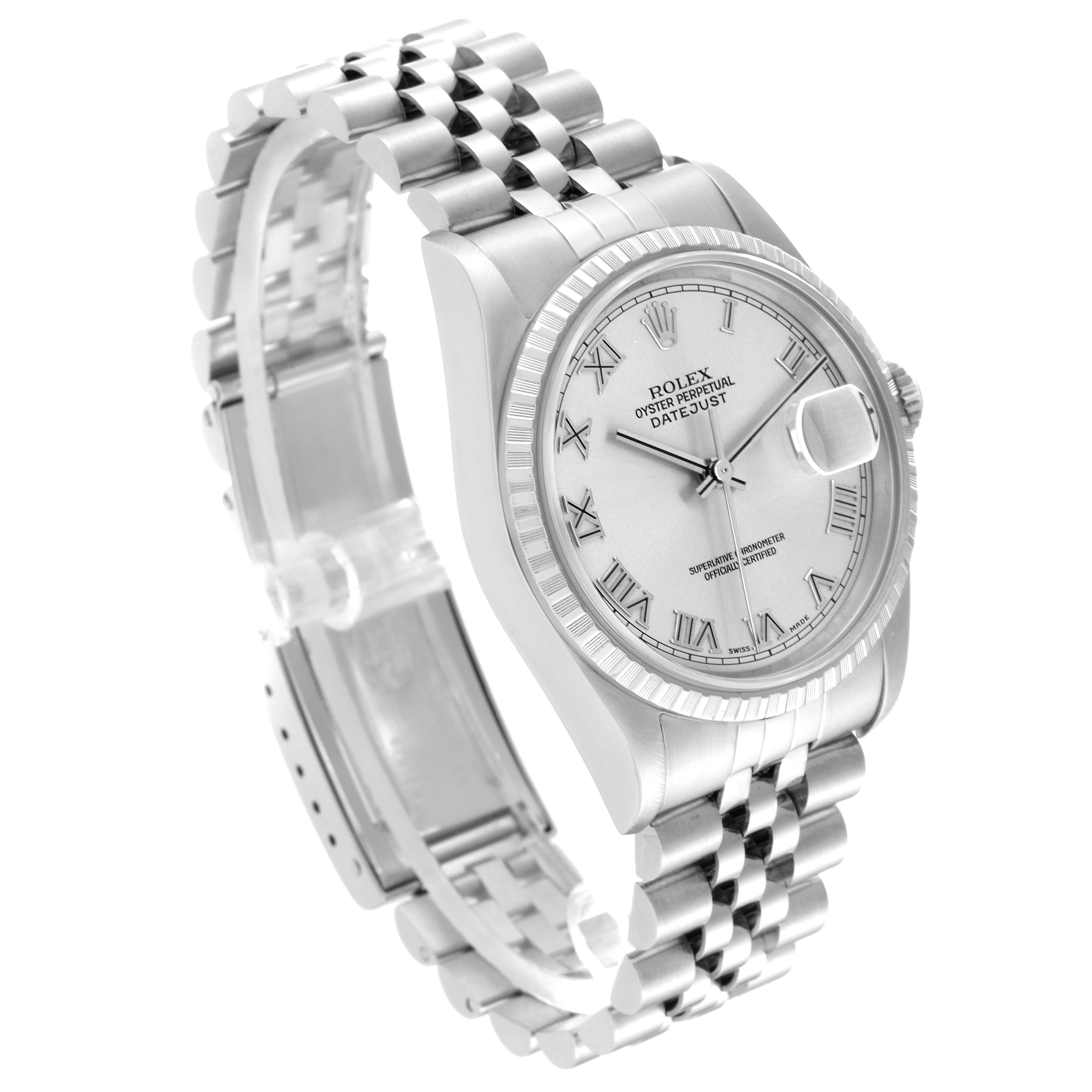 The image shows a Rolex Datejust 16220 Men's Stainless Steel Silver Dial 16220 Men's Stainless Steel Silver Dial watch from an angled side view, highlighting the dial, bezel, and partially open bracelet.