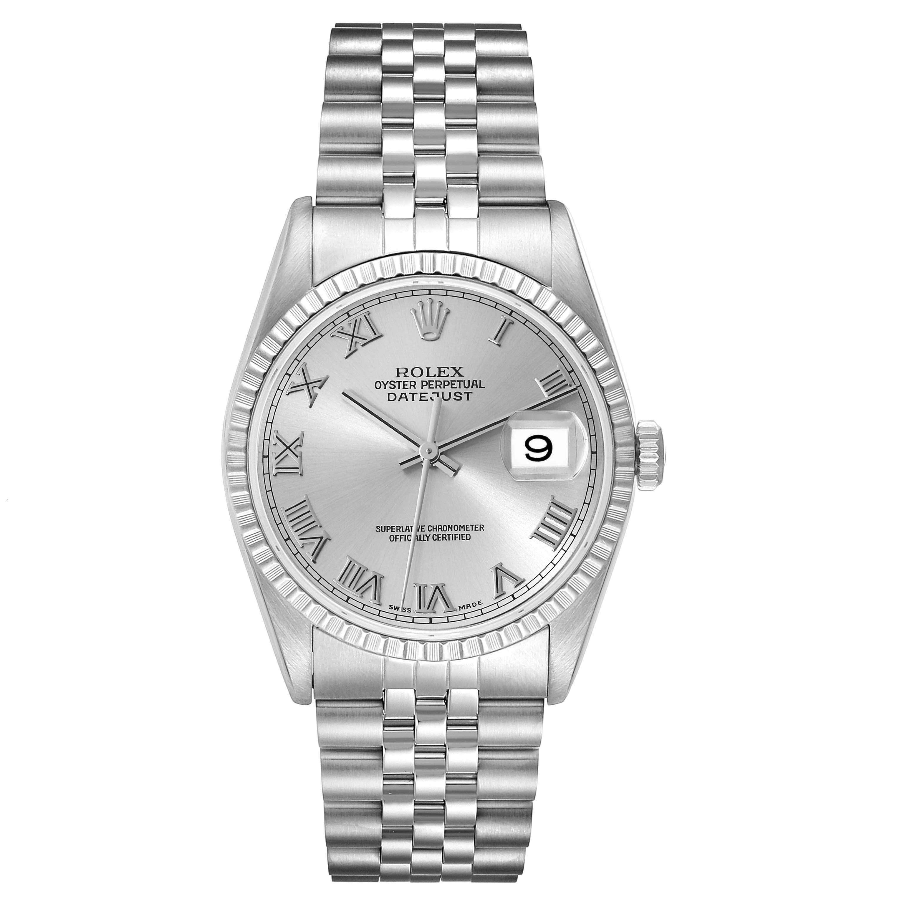 The image shows a front view of the Rolex Datejust 16220 Men's Stainless Steel Silver Dial 16220 Men's Stainless Steel Silver Dial watch, displaying the dial, bracelet, and fluted bezel.
