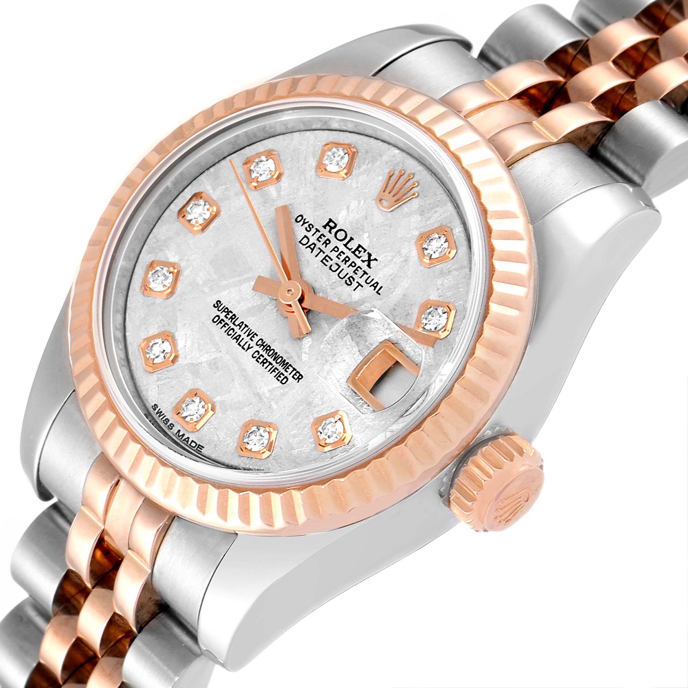 The Rolex Datejust 179171 Women's Steel and Gold (two tone) Silver Dial 179171 Women's Steel and Gold (two tone) Silver Dial watch is shown at an angle, displaying the face, crown, bezel, and part of the bracelet.