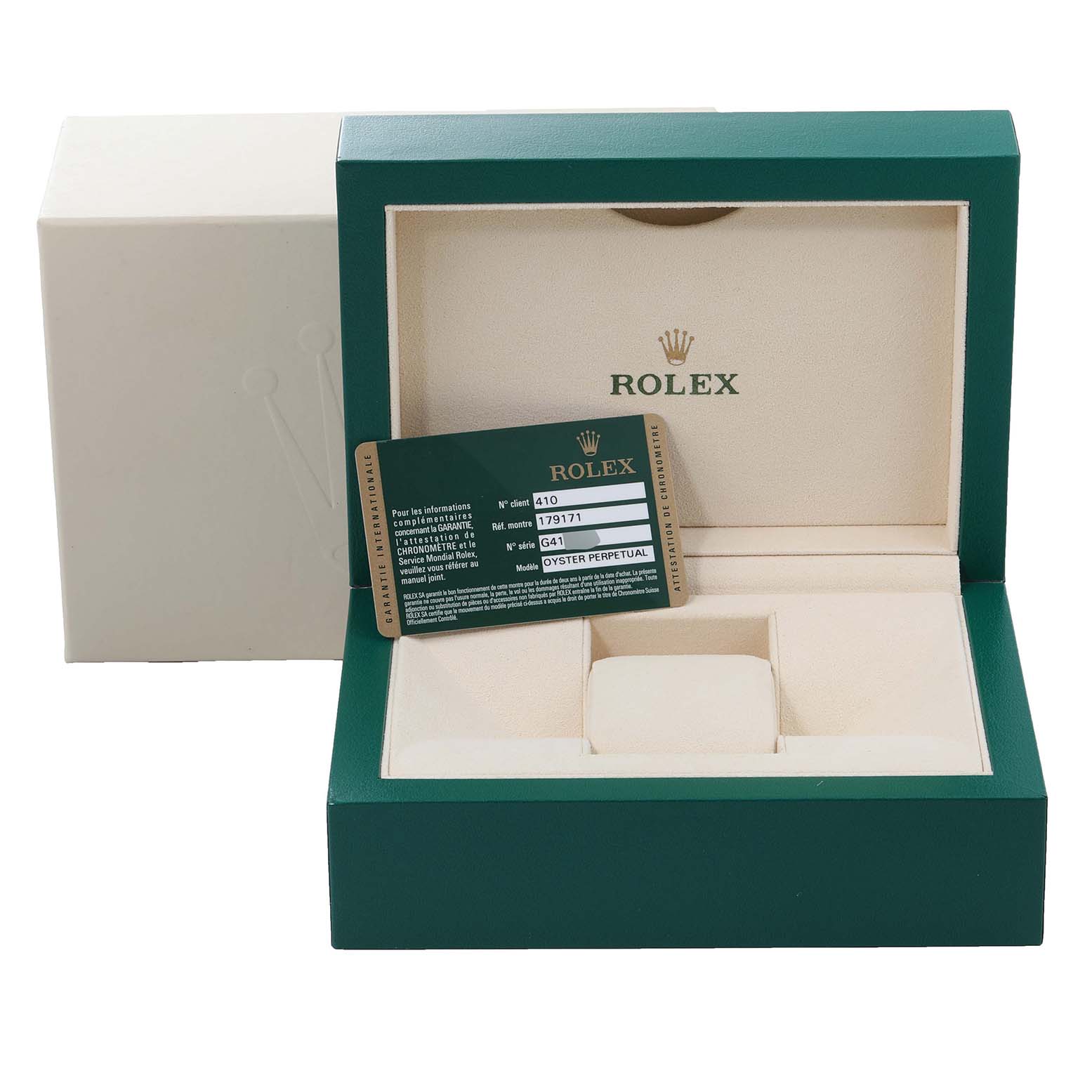 The image shows an open green Rolex Datejust 179171 Women's Steel and Gold (two tone) Silver Dial 179171 Women's Steel and Gold (two tone) Silver Dial watch box with an authentication card inside.