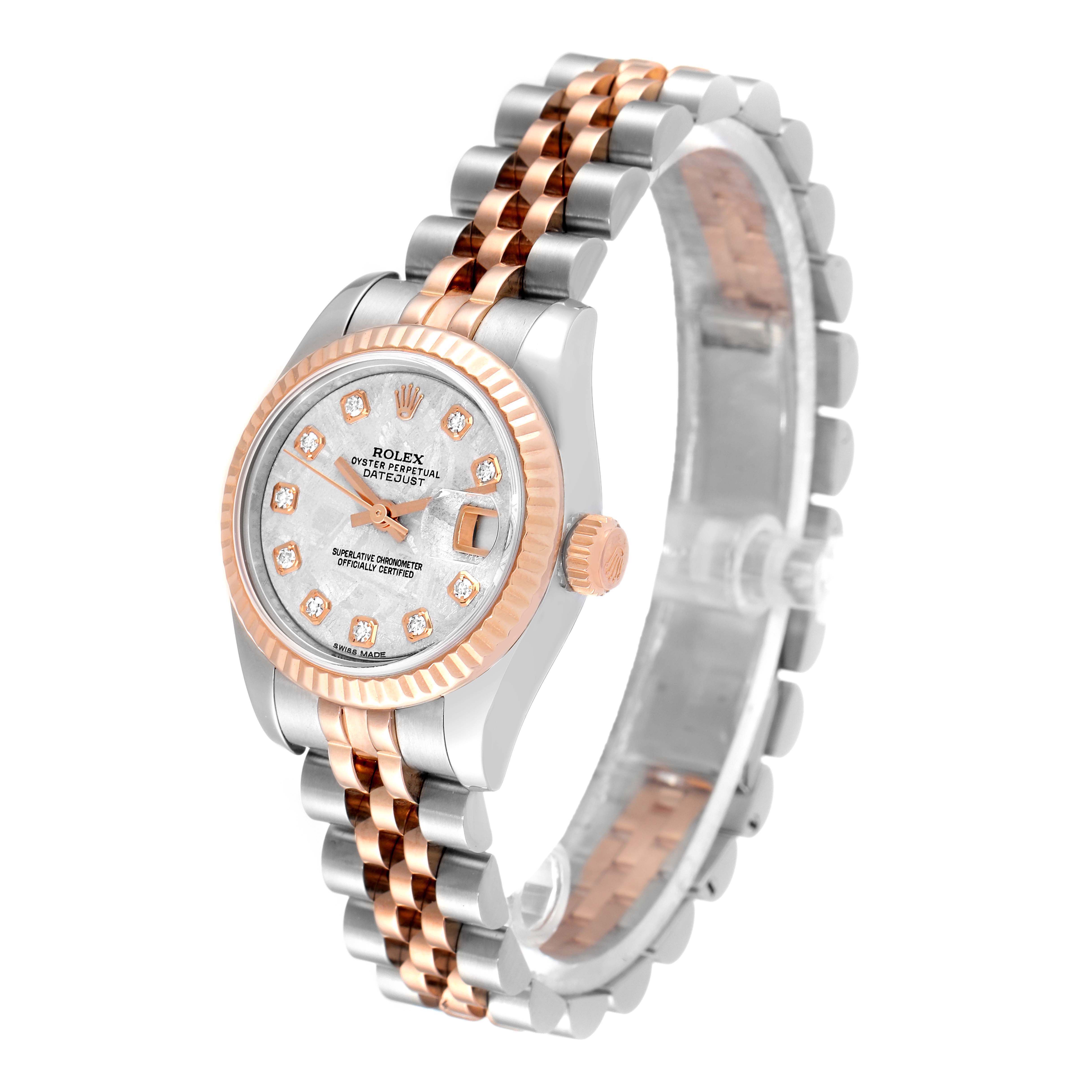 The image shows a Rolex Datejust 179171 Women's Steel and Gold (two tone) Silver Dial 179171 Women's Steel and Gold (two tone) Silver Dial watch angled to display its face, fluted bezel, and two-tone bracelet.