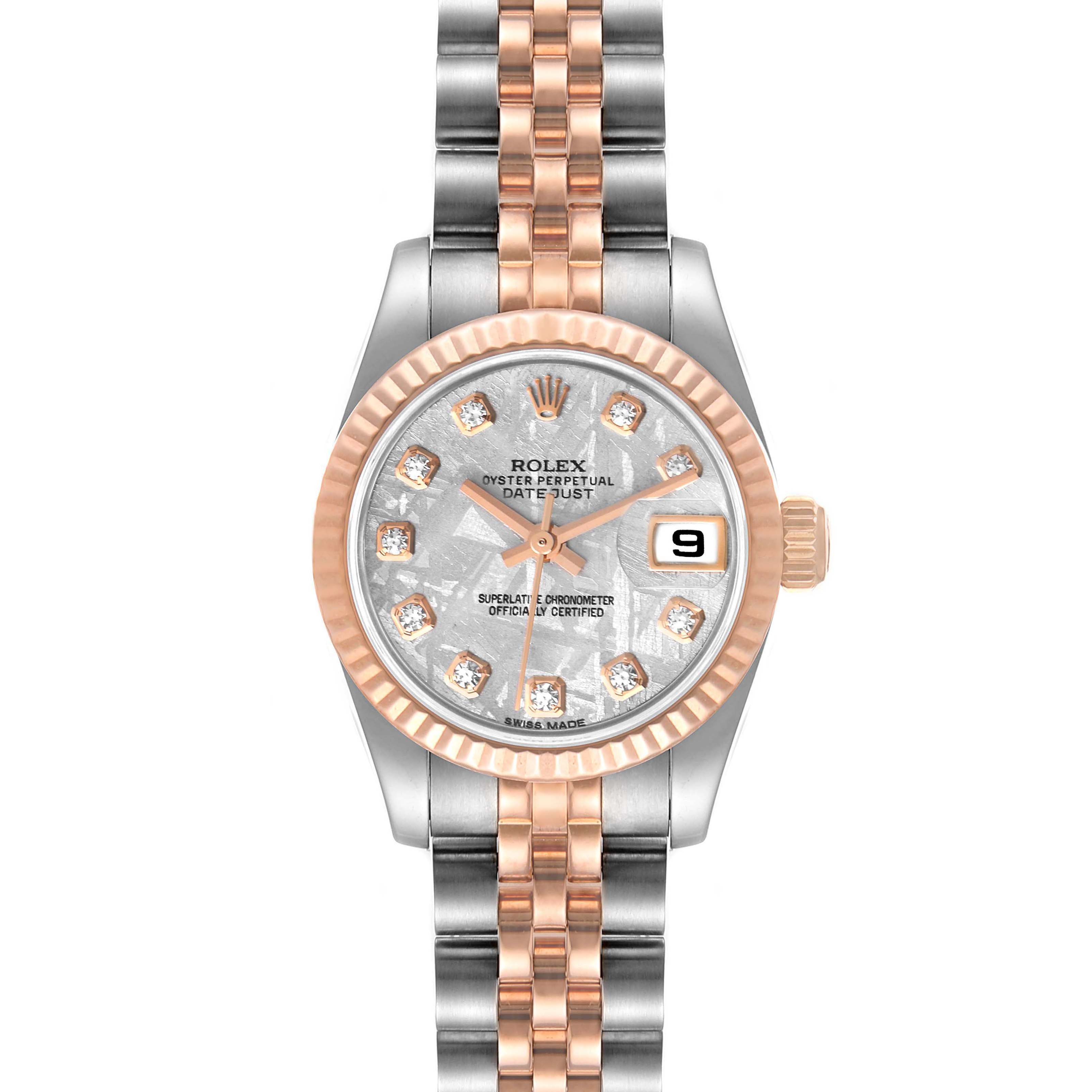 This image shows a front view of a Rolex Datejust 179171 Women's Steel and Gold (two tone) Silver Dial 179171 Women's Steel and Gold (two tone) Silver Dial watch featuring a two-tone bracelet and diamond hour markers.