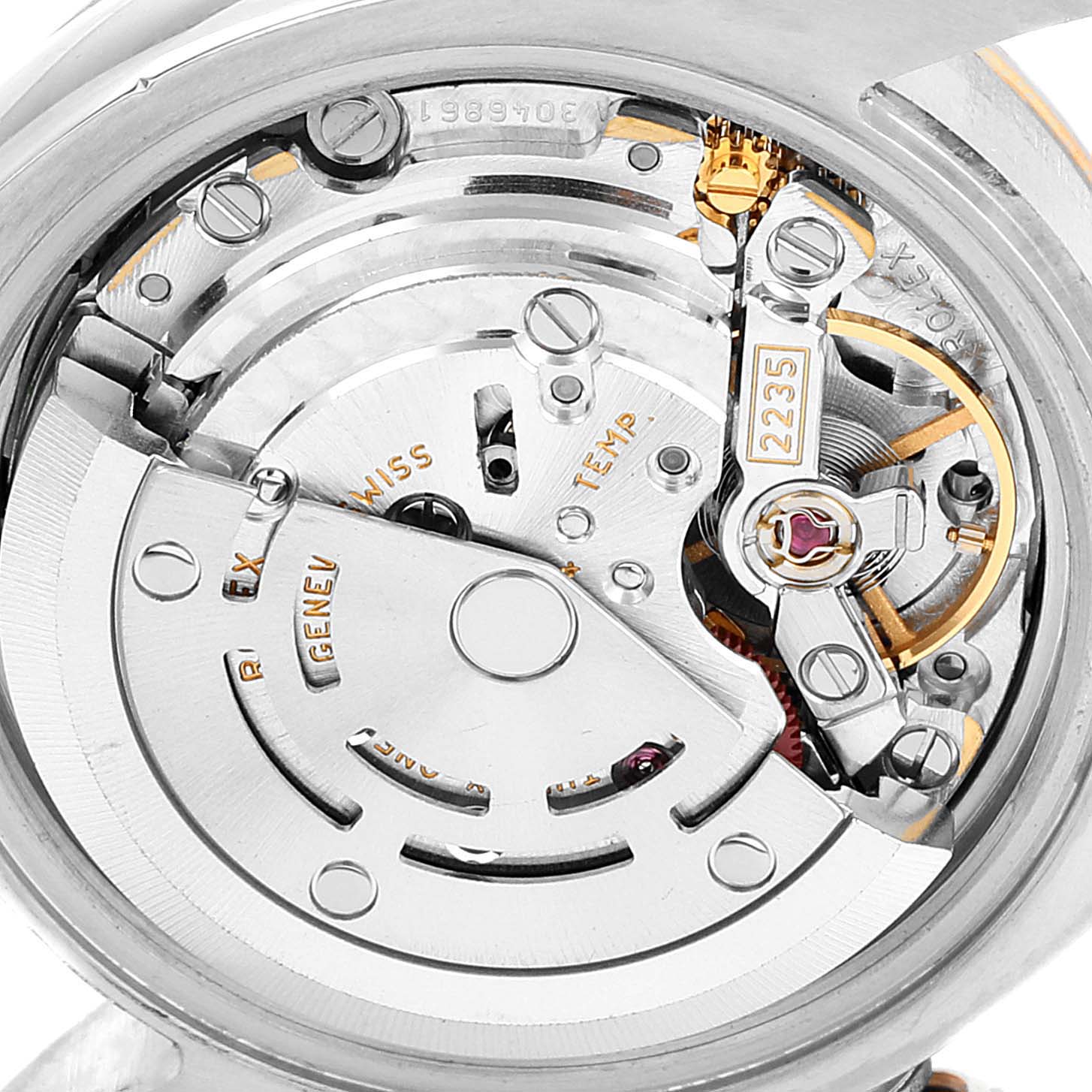 The image shows a close-up of the internal mechanical movement parts of a Rolex Datejust 179171 Women's Steel and Gold (two tone) Silver Dial 179171 Women's Steel and Gold (two tone) Silver Dial watch.