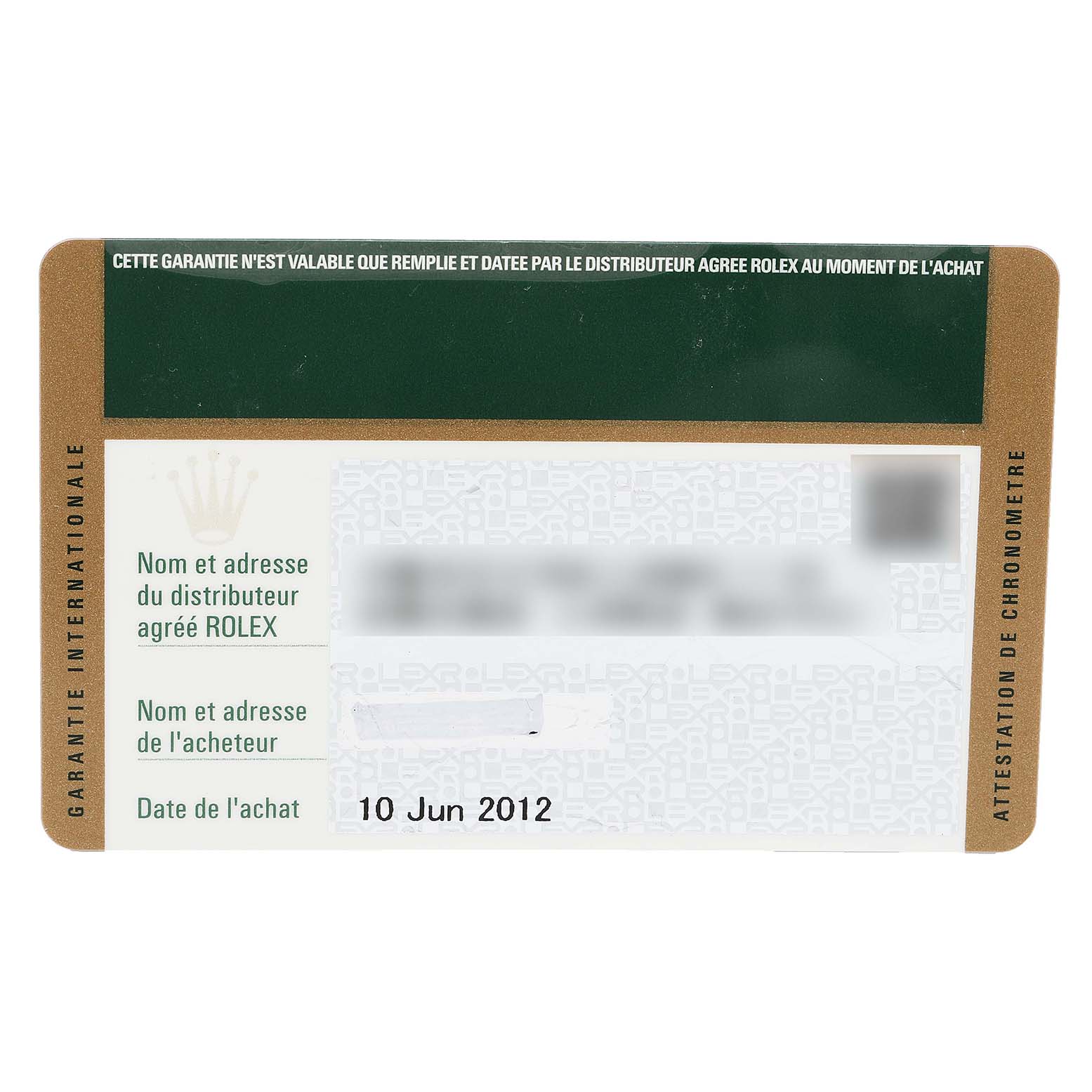 The image shows a Rolex Datejust 179171 Women's Steel and Gold (two tone) Silver Dial 179171 Women's Steel and Gold (two tone) Silver Dial international warranty card, dated 10 June 2012.