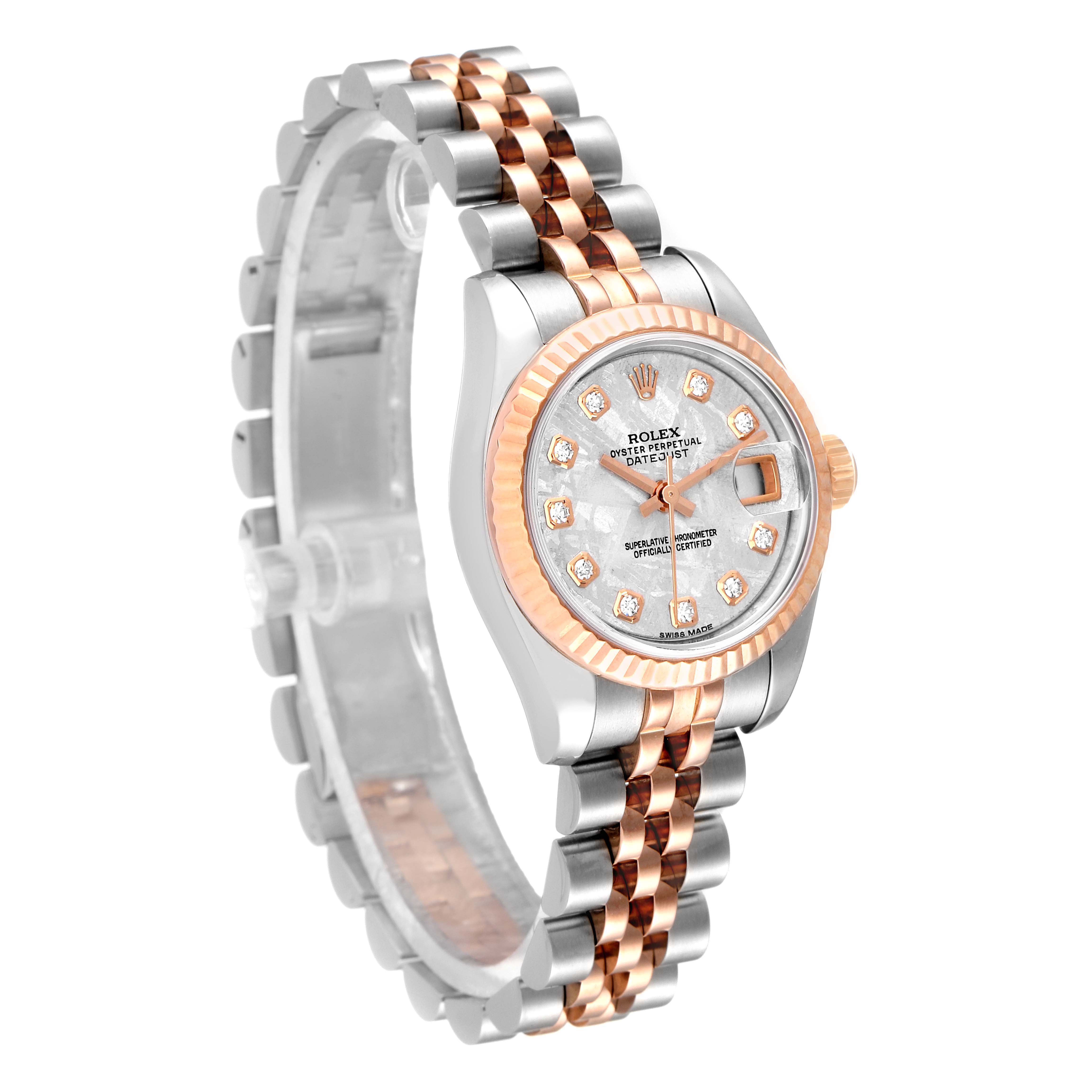 The image shows a side angle of the Rolex Datejust 179171 Women's Steel and Gold (two tone) Silver Dial 179171 Women's Steel and Gold (two tone) Silver Dial watch, featuring its dial, bezel, and two-tone bracelet.