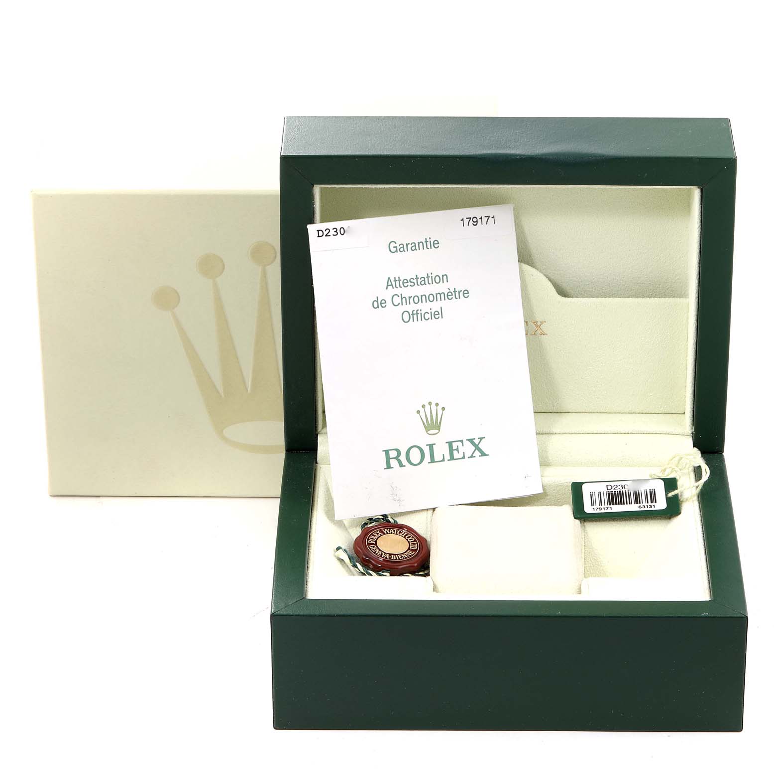 The image shows a Rolex Datejust 179171 Women
s Steel and Gold (two tone) White Dial 179171 Women
s Steel and Gold (two tone) White Dial watch box with warranty cards, a tag, and a certification booklet displayed at an angle.
